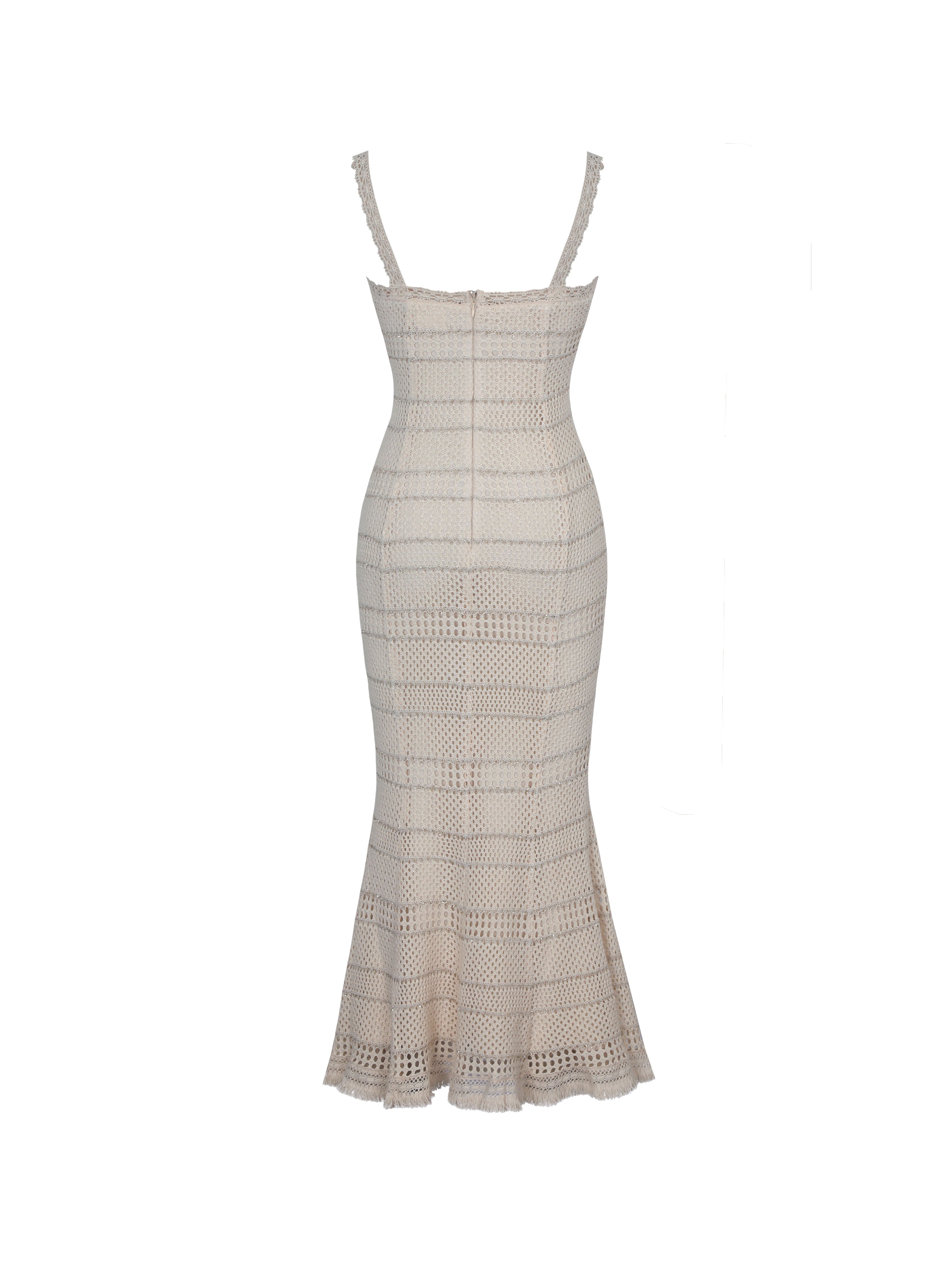 Xiomara Beige & Gold Stripe Crochet Knit Mermaid Midi Dress
