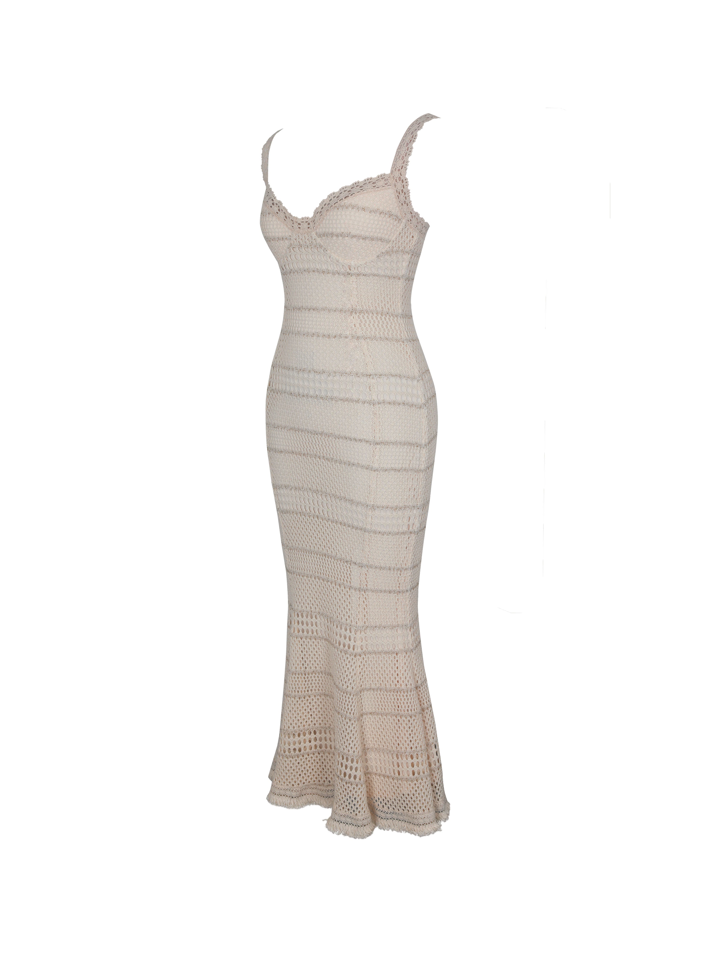 Xiomara Beige & Gold Stripe Crochet Knit Mermaid Midi Dress