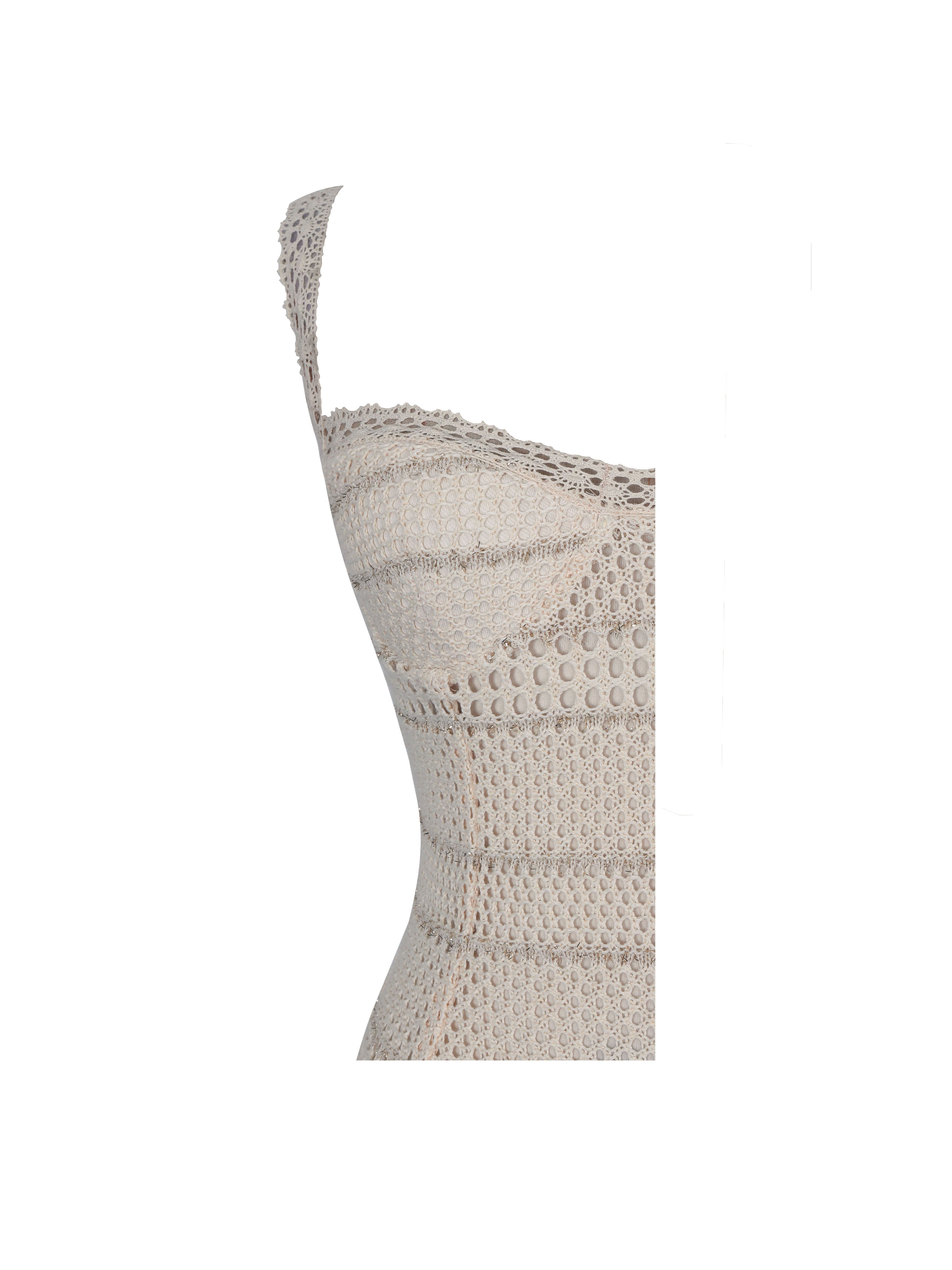 Xiomara Beige & Gold Stripe Crochet Knit Mermaid Midi Dress