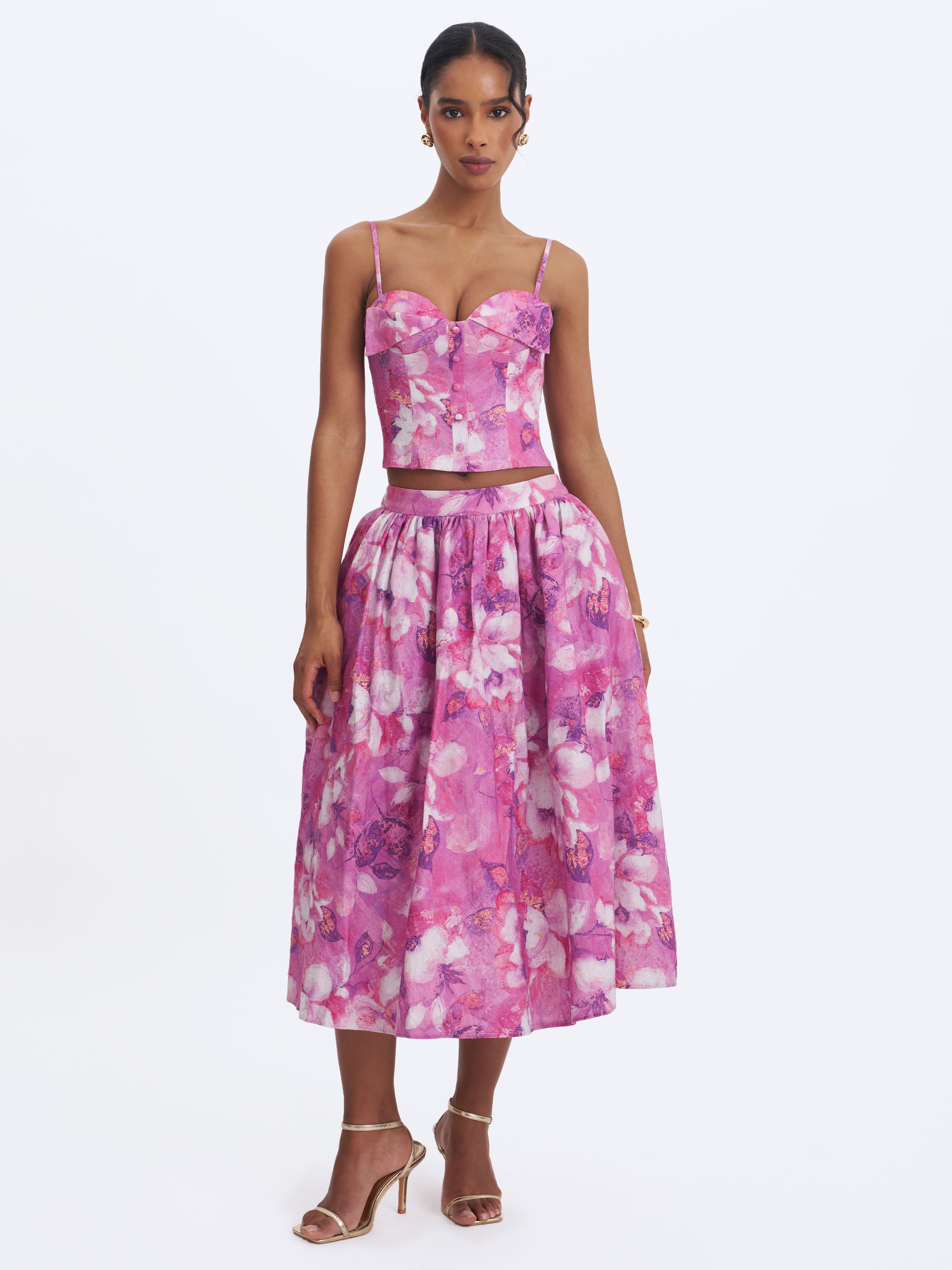 Xalina Blooming Magenta Linen Low-Rise Midi Skirt