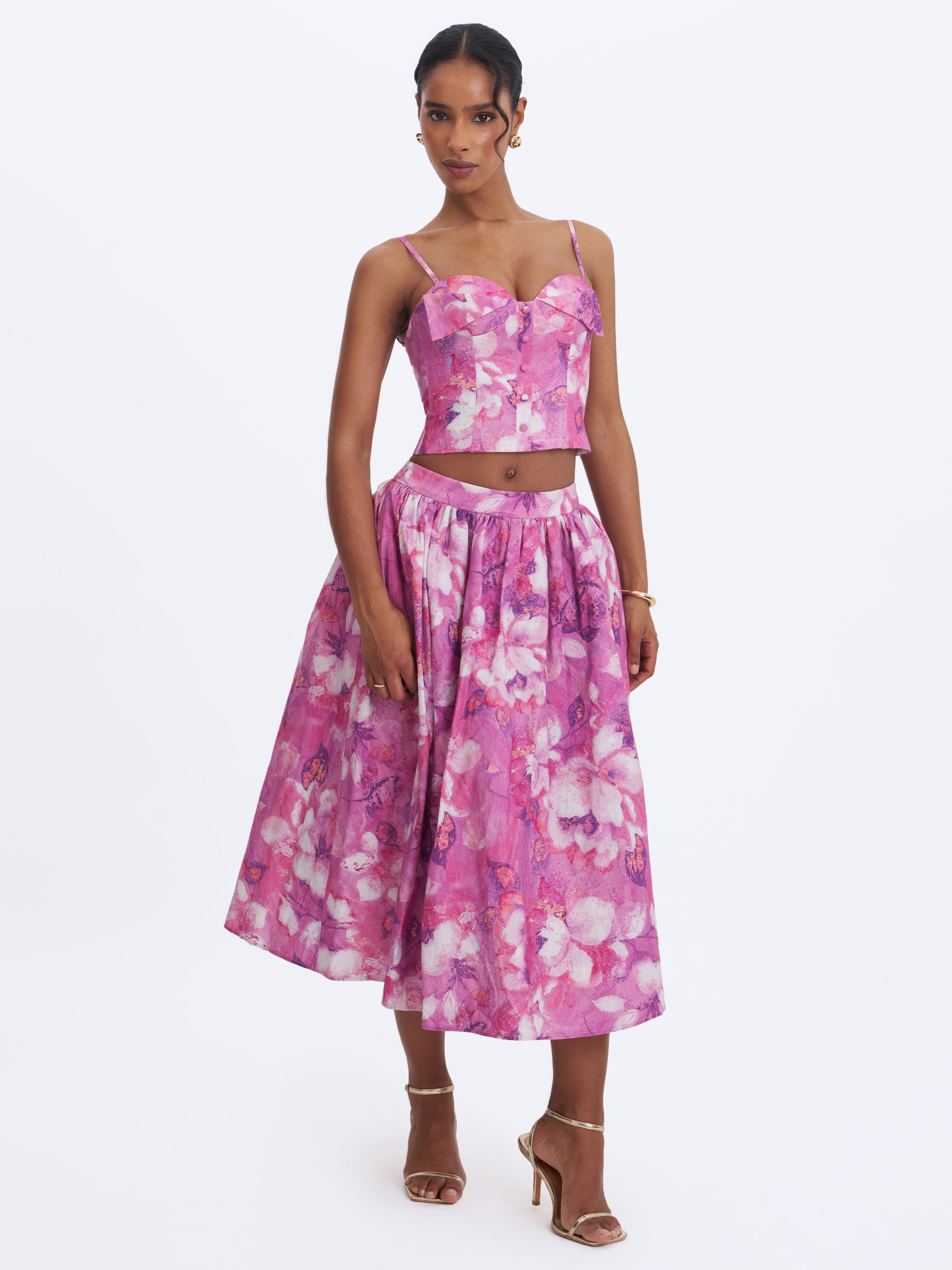 Xalina Blooming Magenta Linen Low-Rise Midi Skirt
