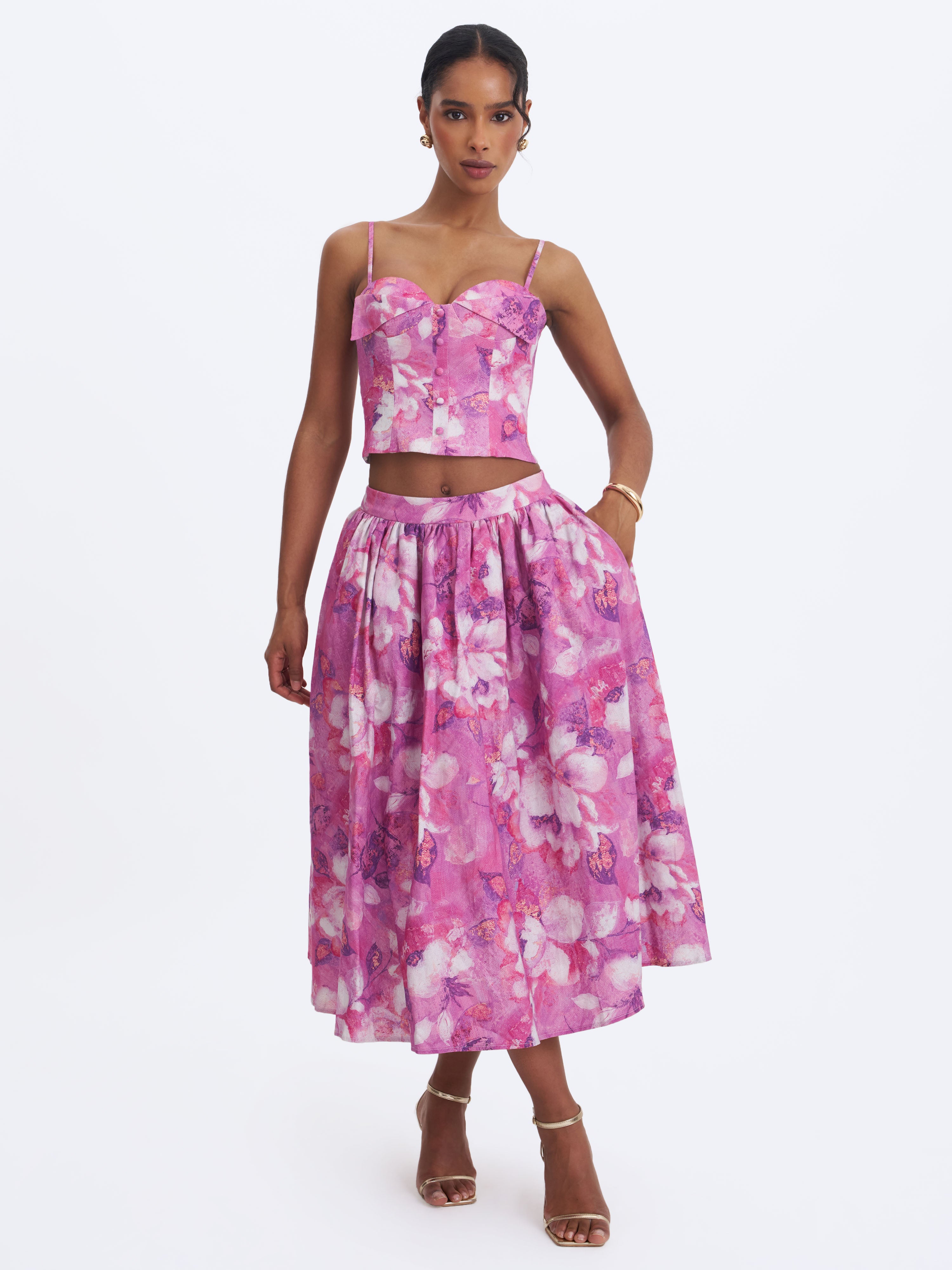 Xalina Blooming Magenta Linen Low-Rise Midi Skirt