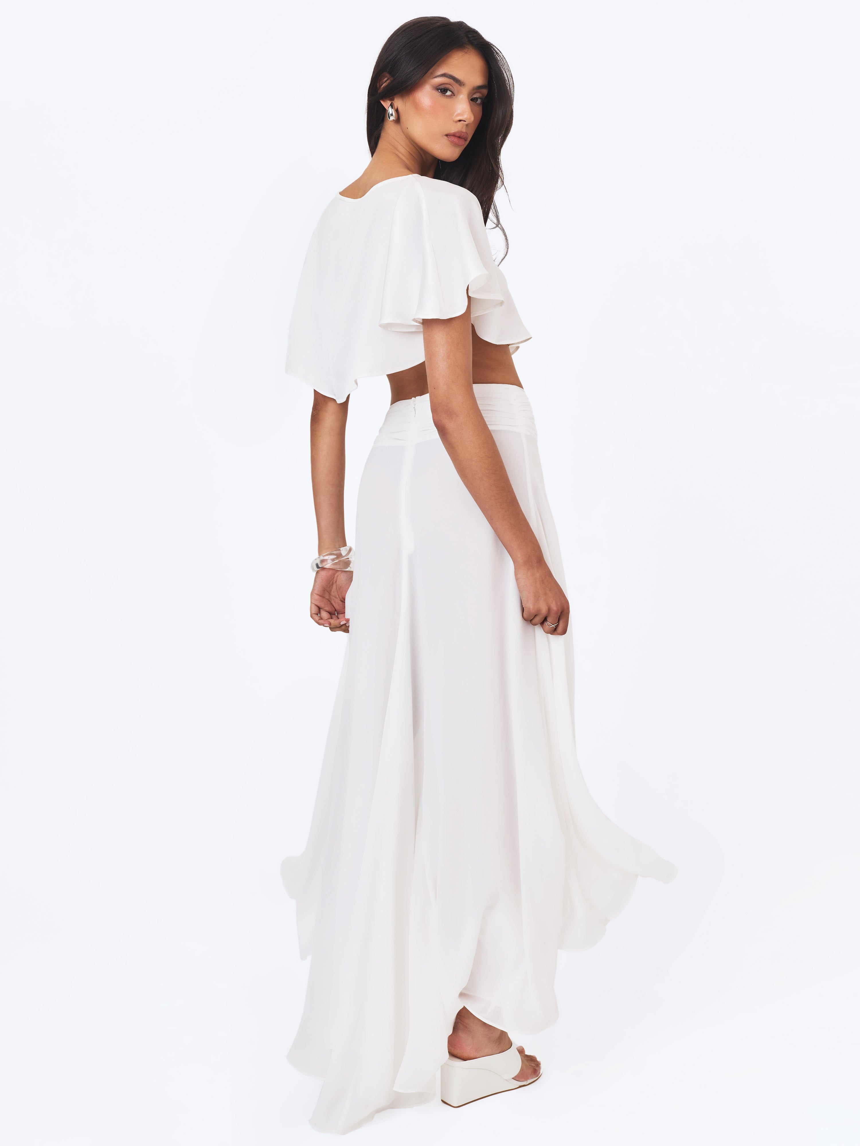 Yarae White Satin Boat Neck Cape Top