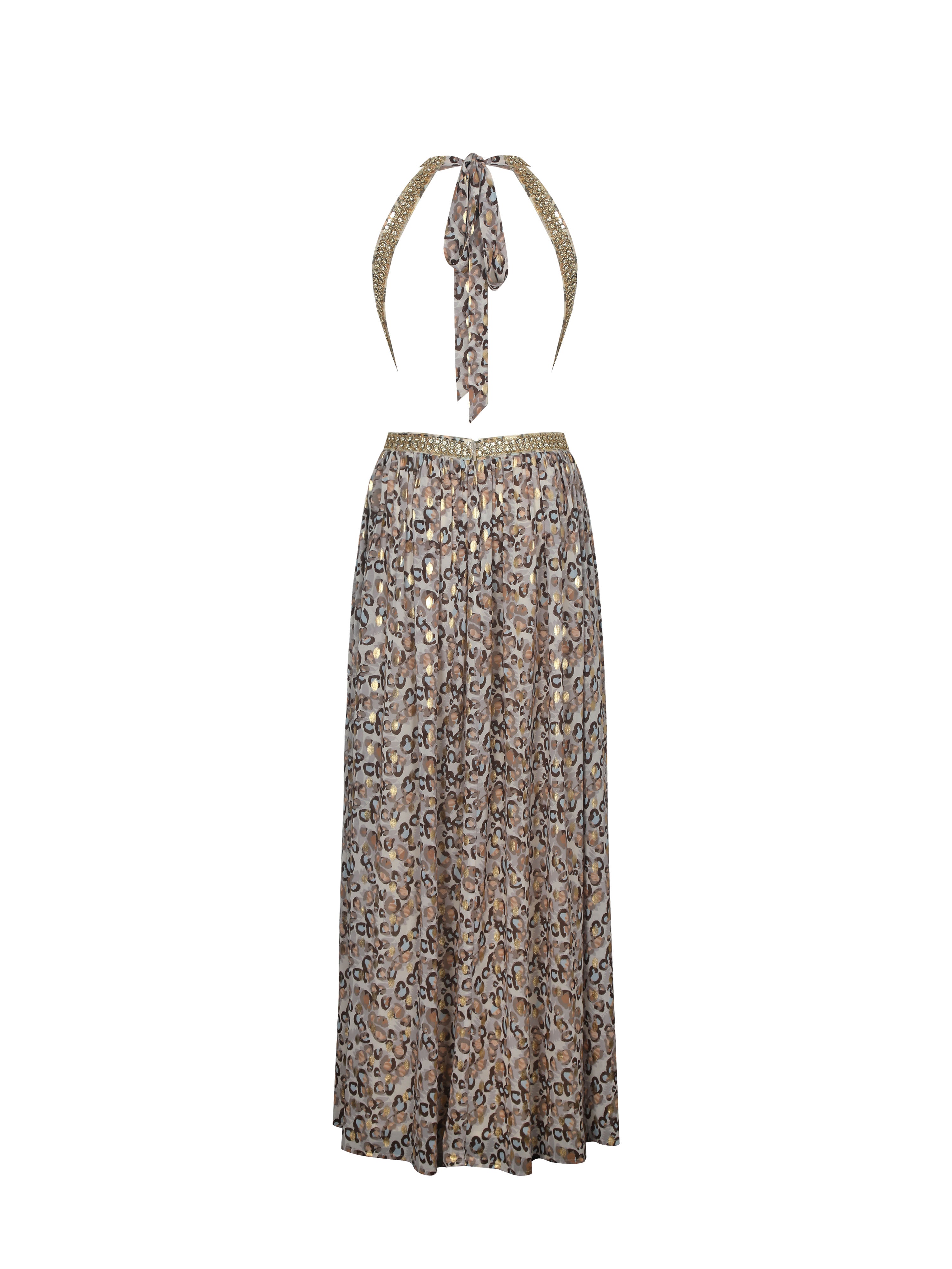 Quinnlyn Beige Cheetah Print Chiffon Halter Maxi Dress