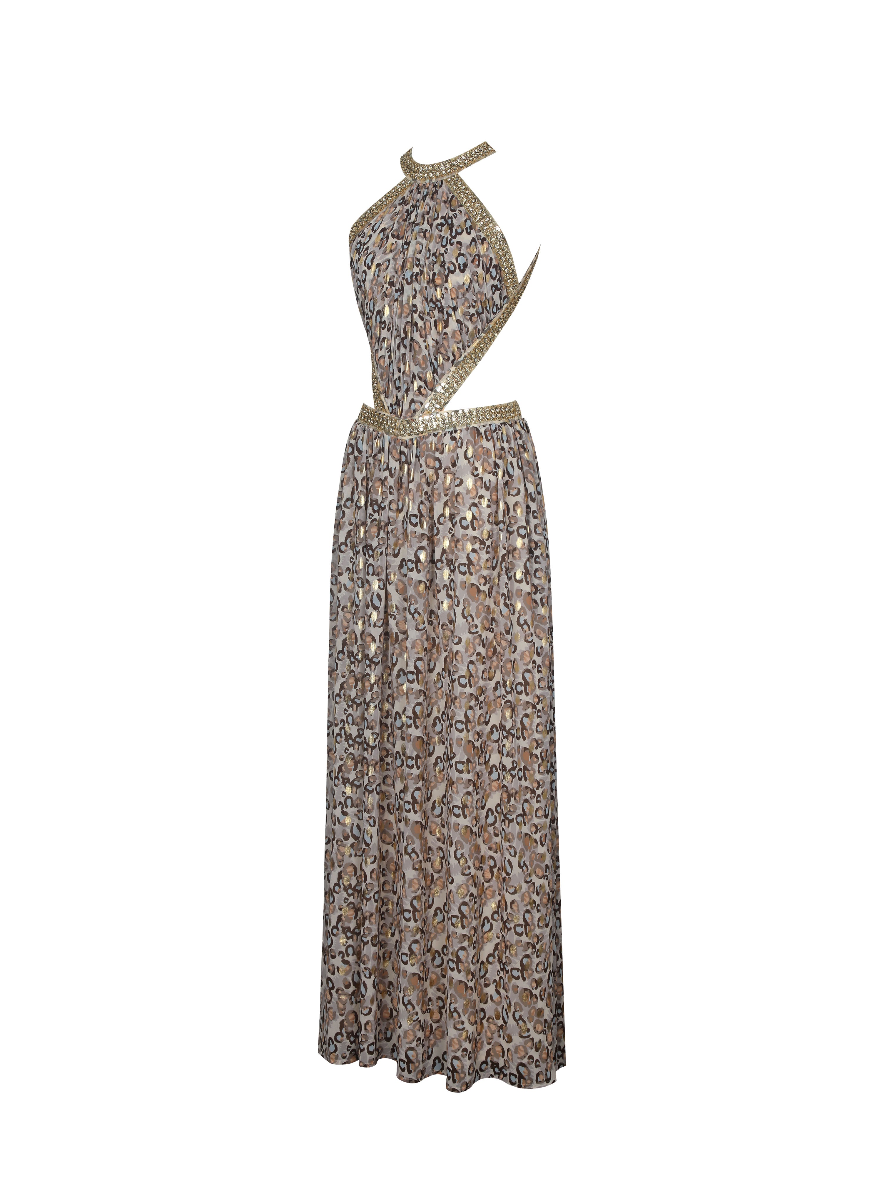Quinnlyn Beige Cheetah Print Chiffon Halter Maxi Dress