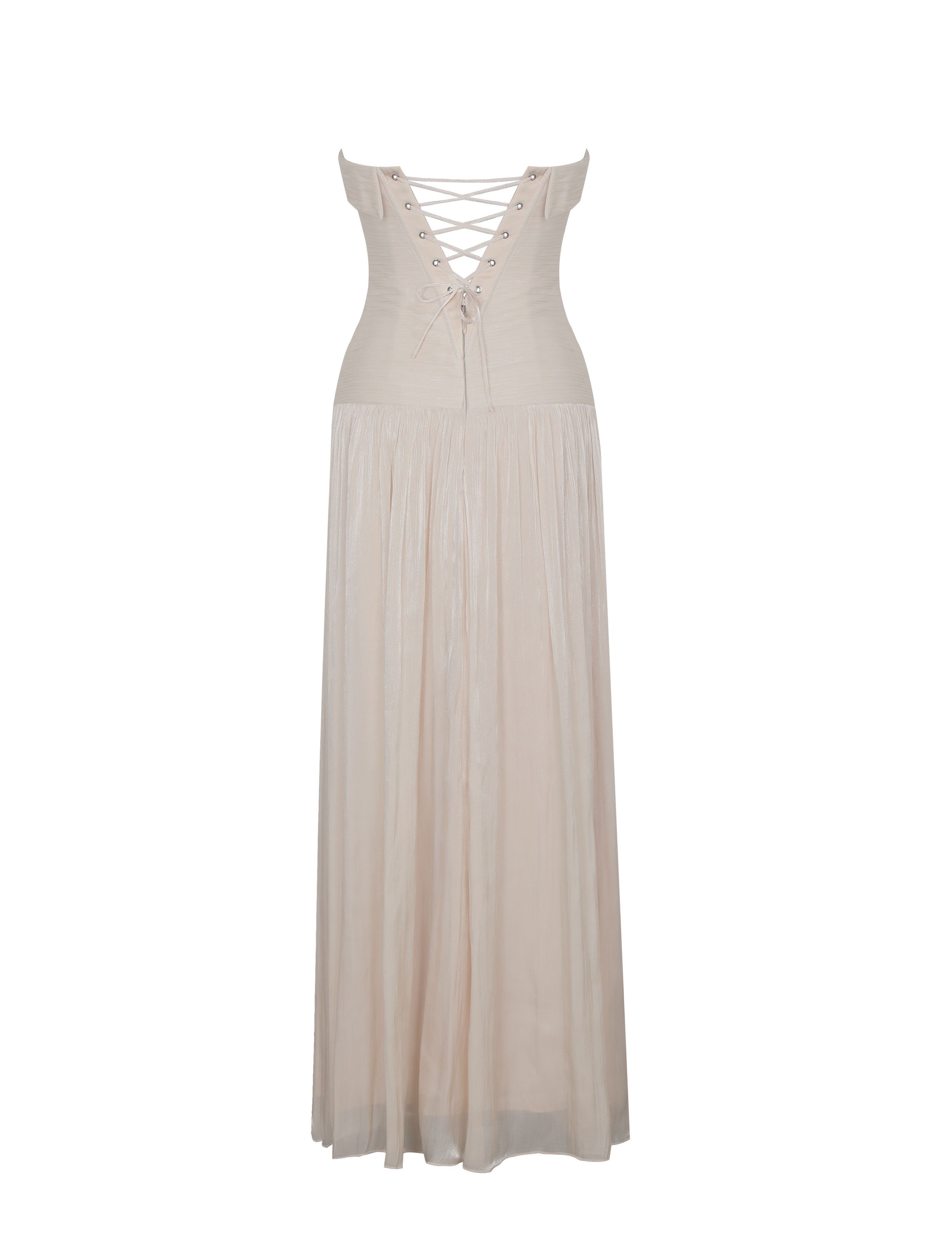 Olivine Light Beige Crystal Organza Strapless Maxi Dress
