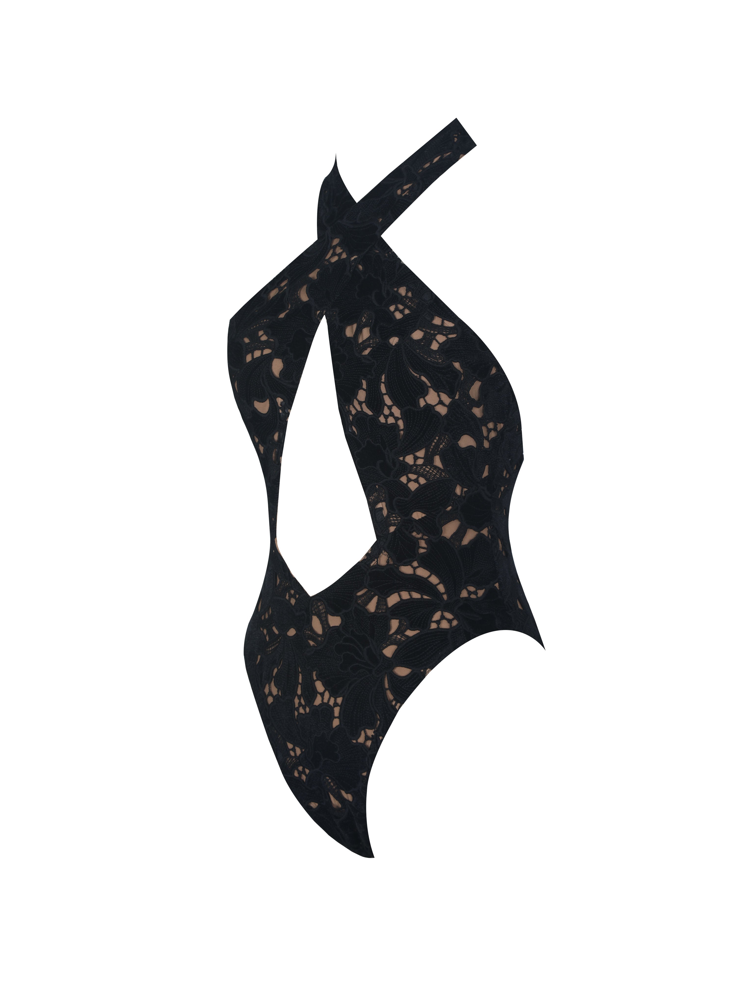 Breanna Black Velvet Lace Crossover Halter Swimsuit