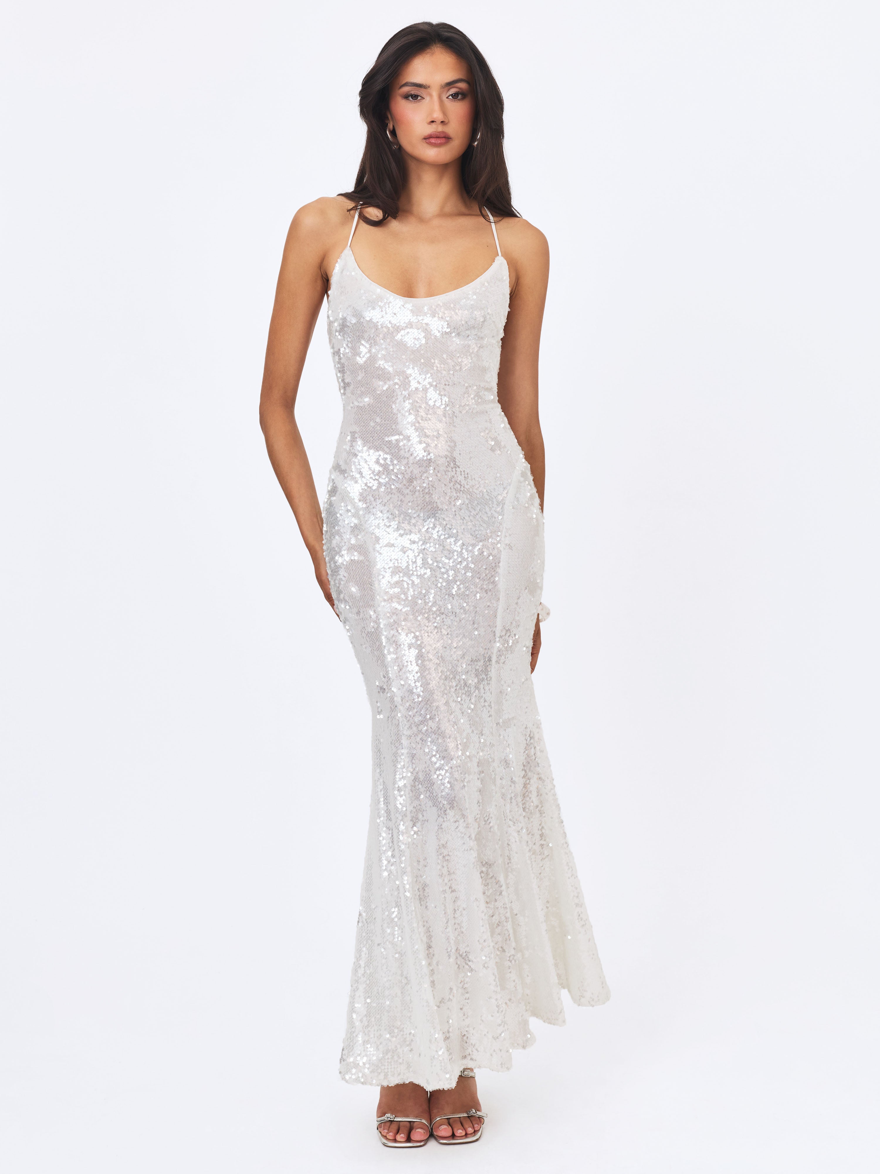 Cameron White Sequin Scoop Neck Mermaid Maxi Dress