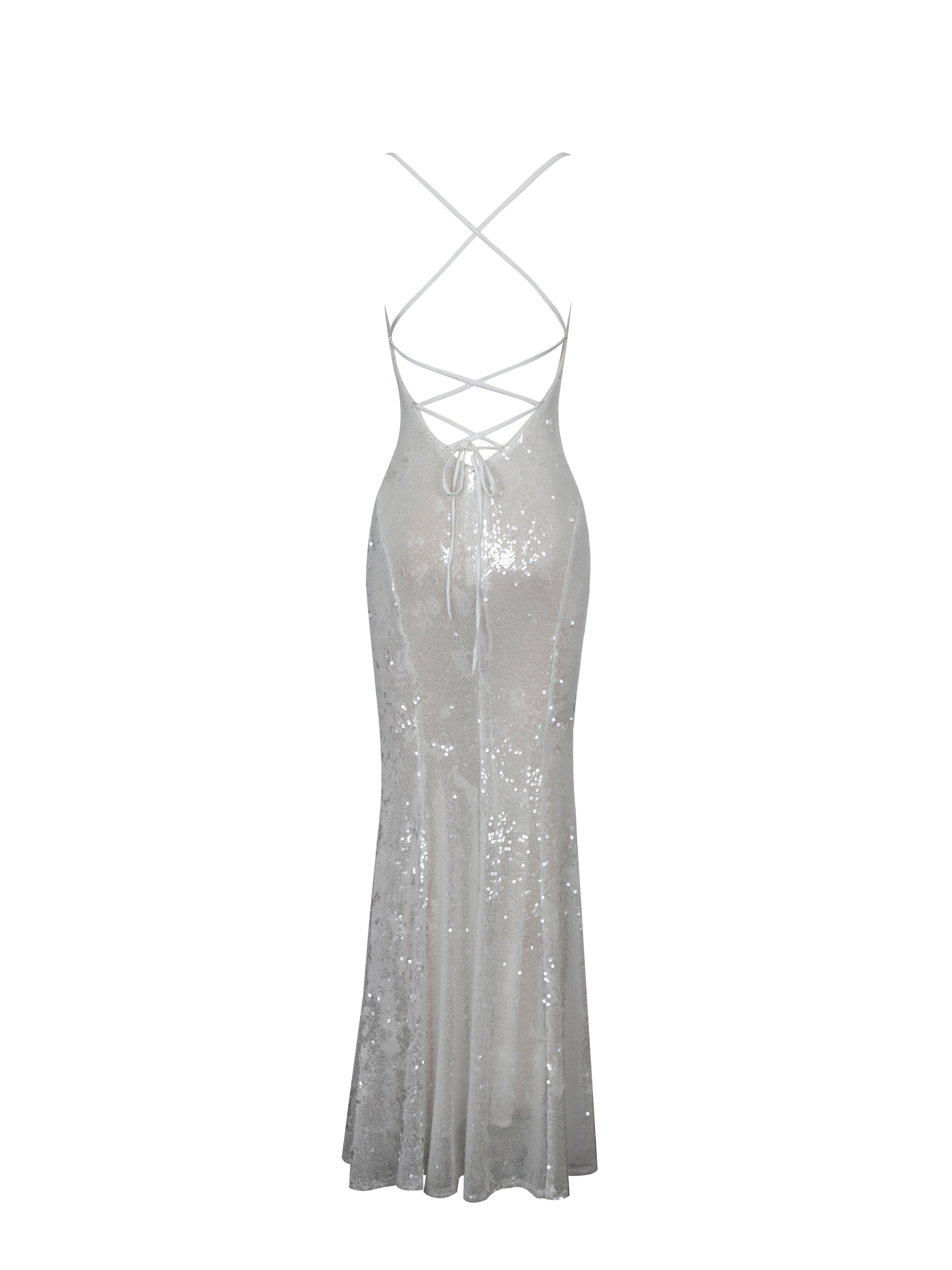 Cameron White Sequin Scoop Neck Mermaid Maxi Dress