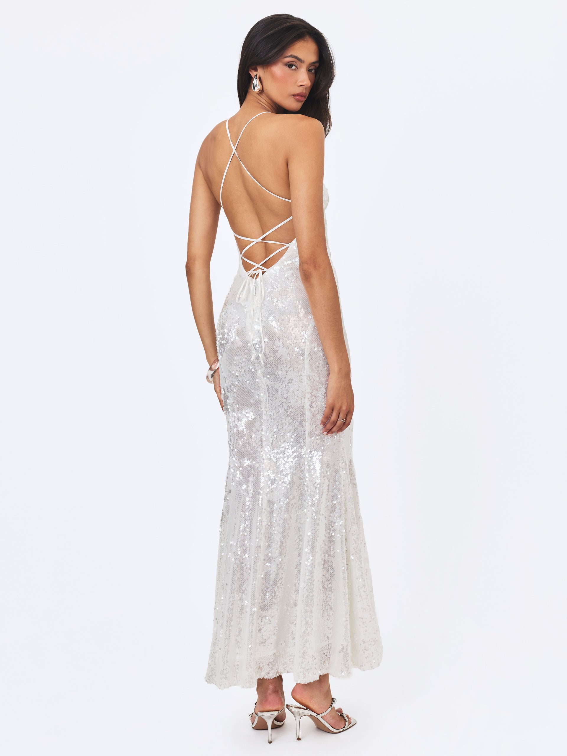 Cameron White Sequin Scoop Neck Mermaid Maxi Dress