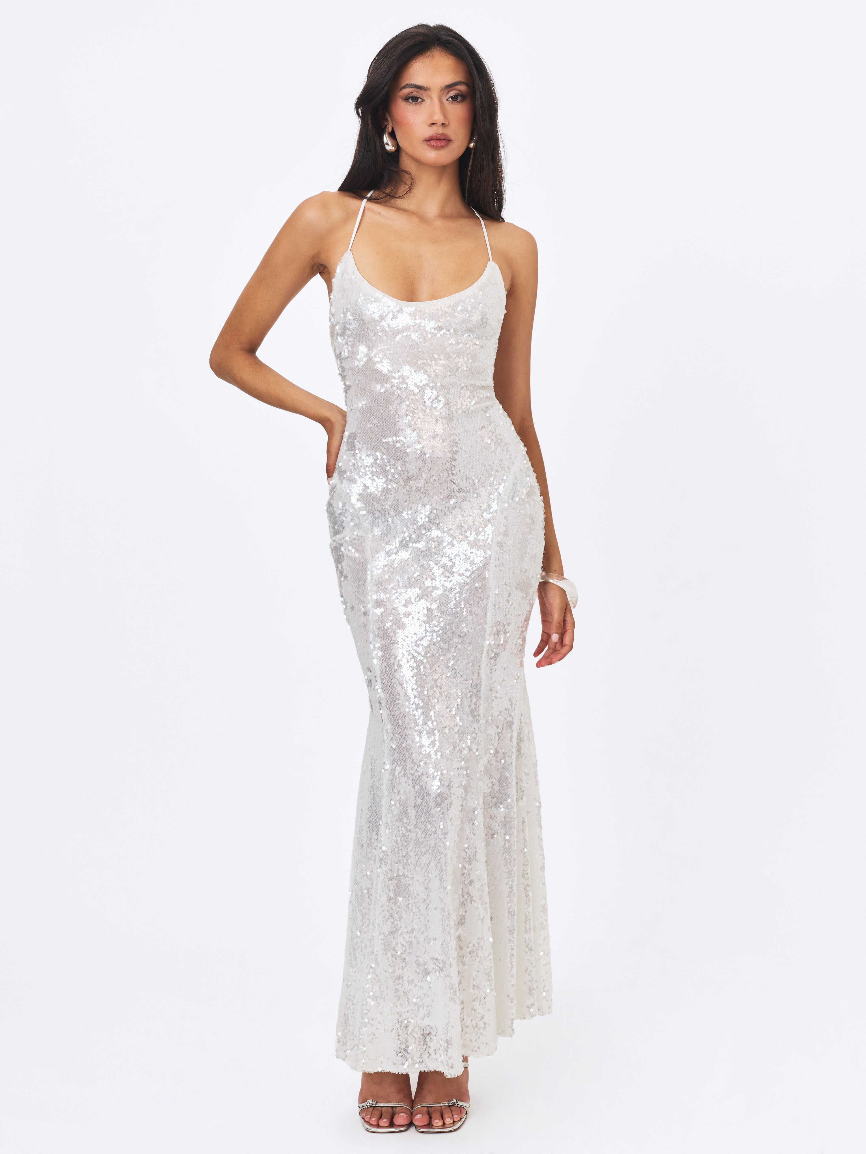 Cameron White Sequin Scoop Neck Mermaid Maxi Dress