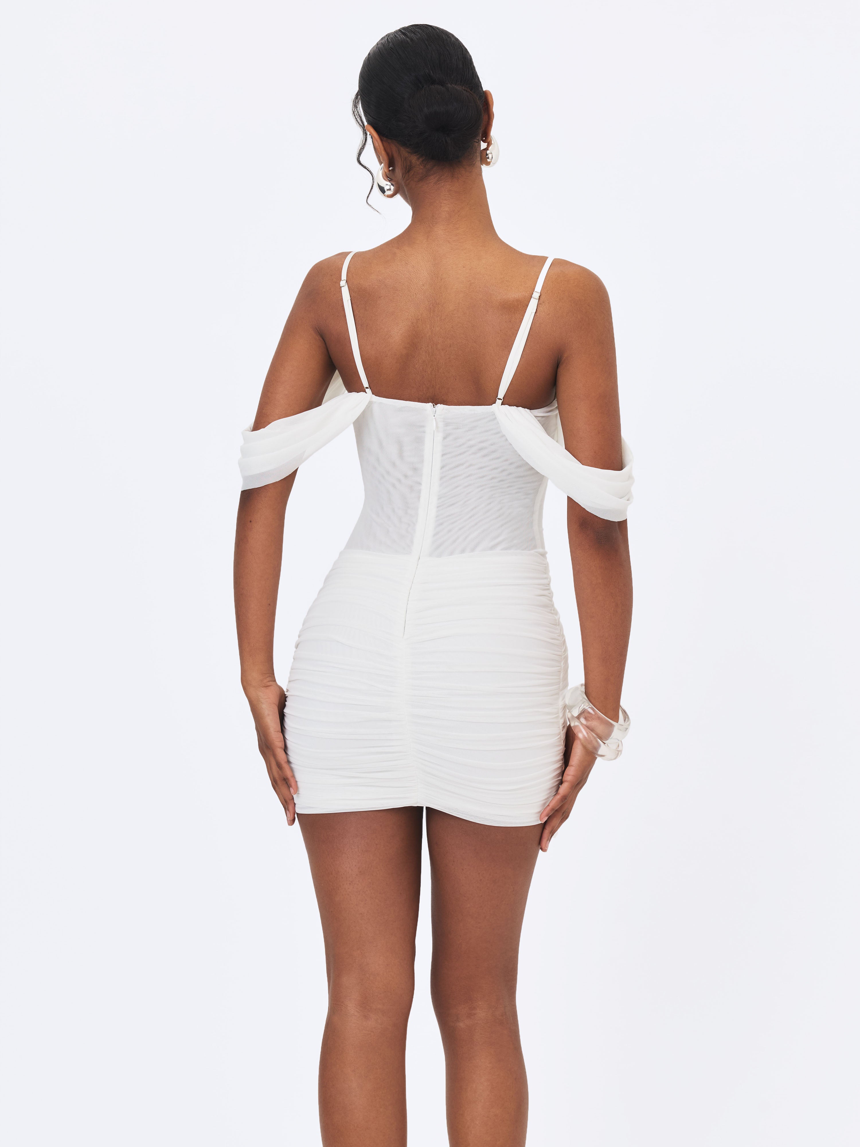 Umnia White Mesh Off-Shoulder Drape Mini Dress