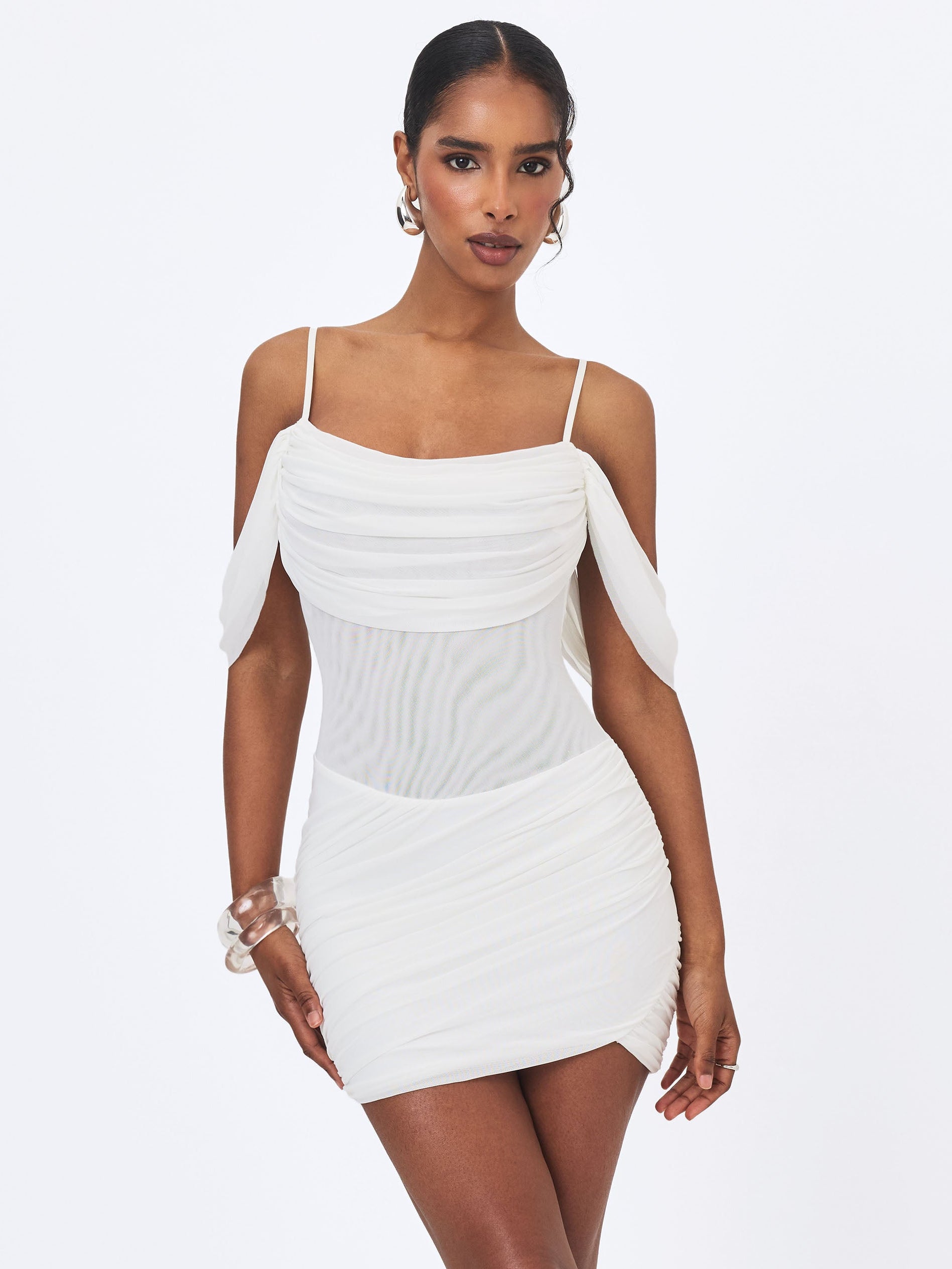 Umnia White Mesh Off-Shoulder Drape Mini Dress
