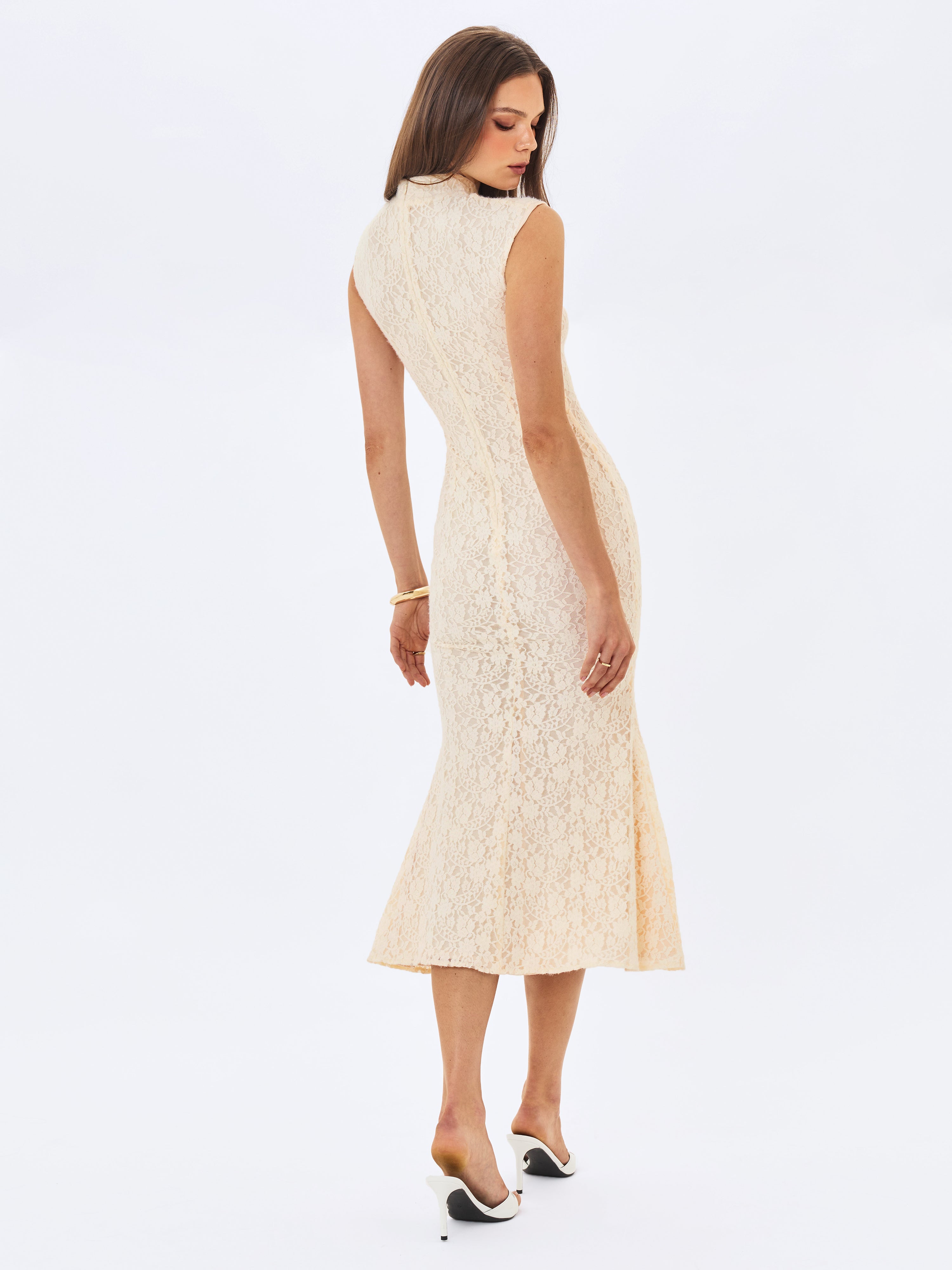 Garcelle Cream Brushed Lace Keyhole Mermaid Midi Dress