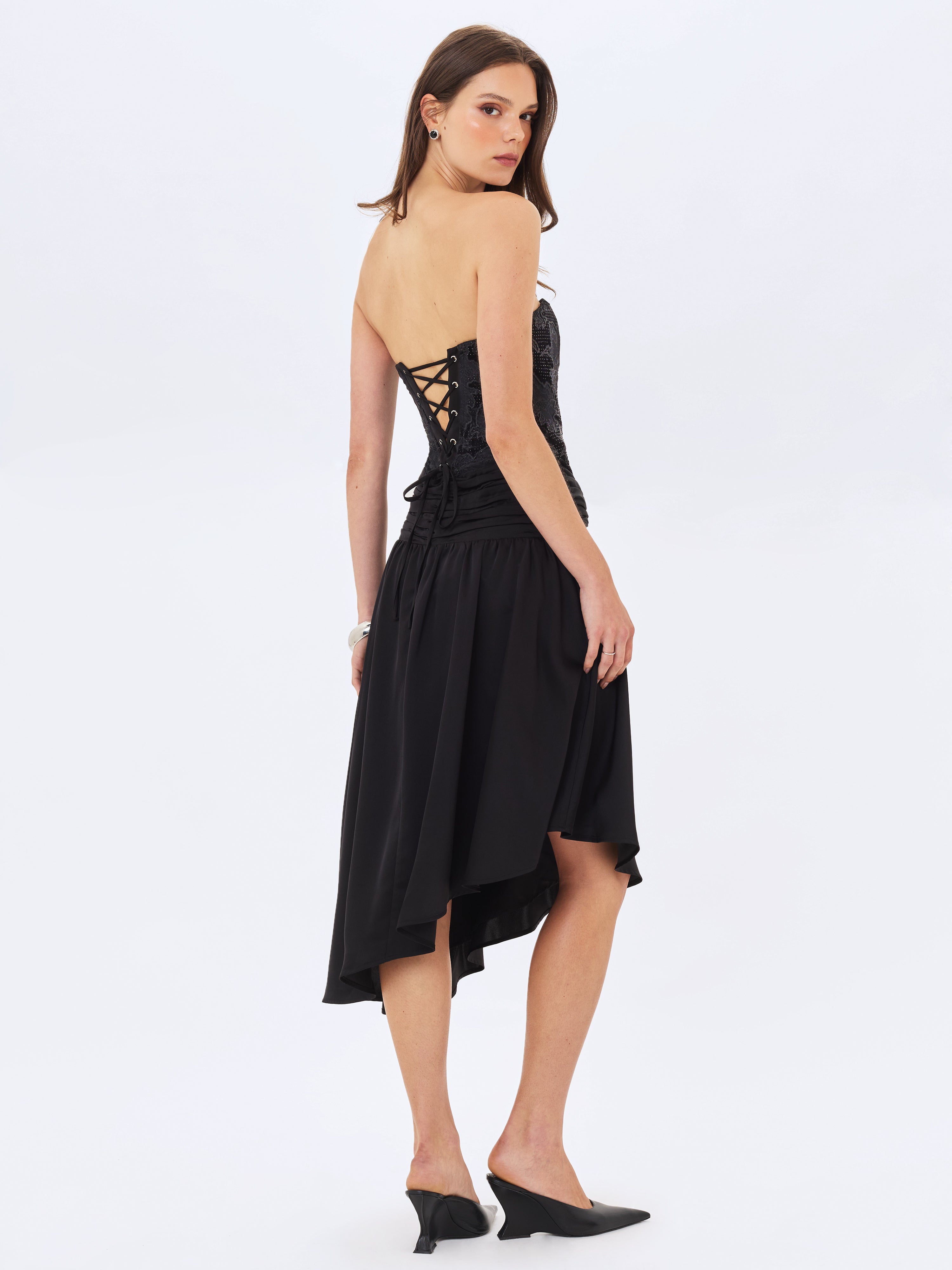Yoseline Black Velvet Lace Cutout Asymmetrical Satin Midi Dress
