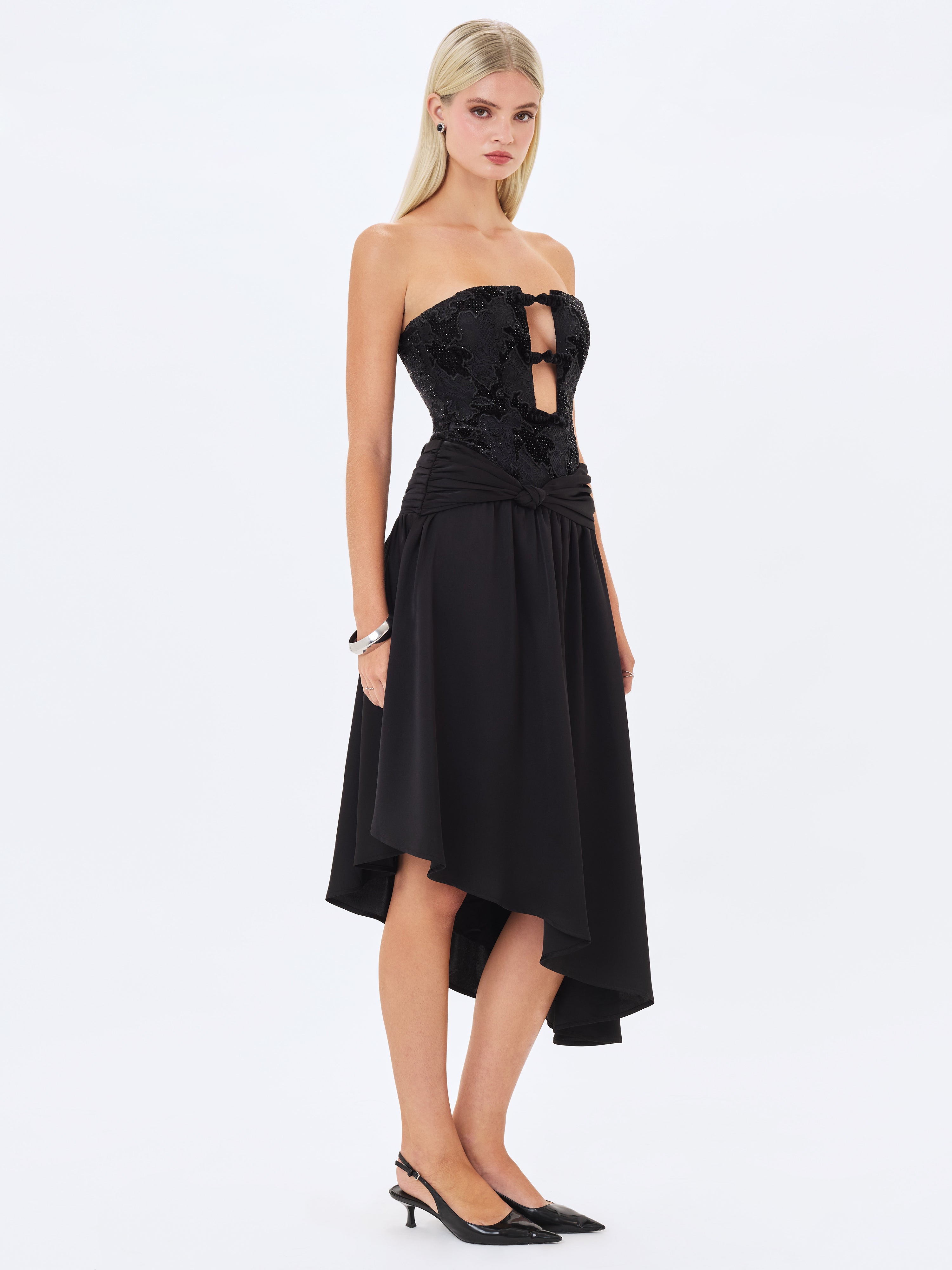 Yoseline Black Velvet Lace Cutout Asymmetrical Satin Midi Dress
