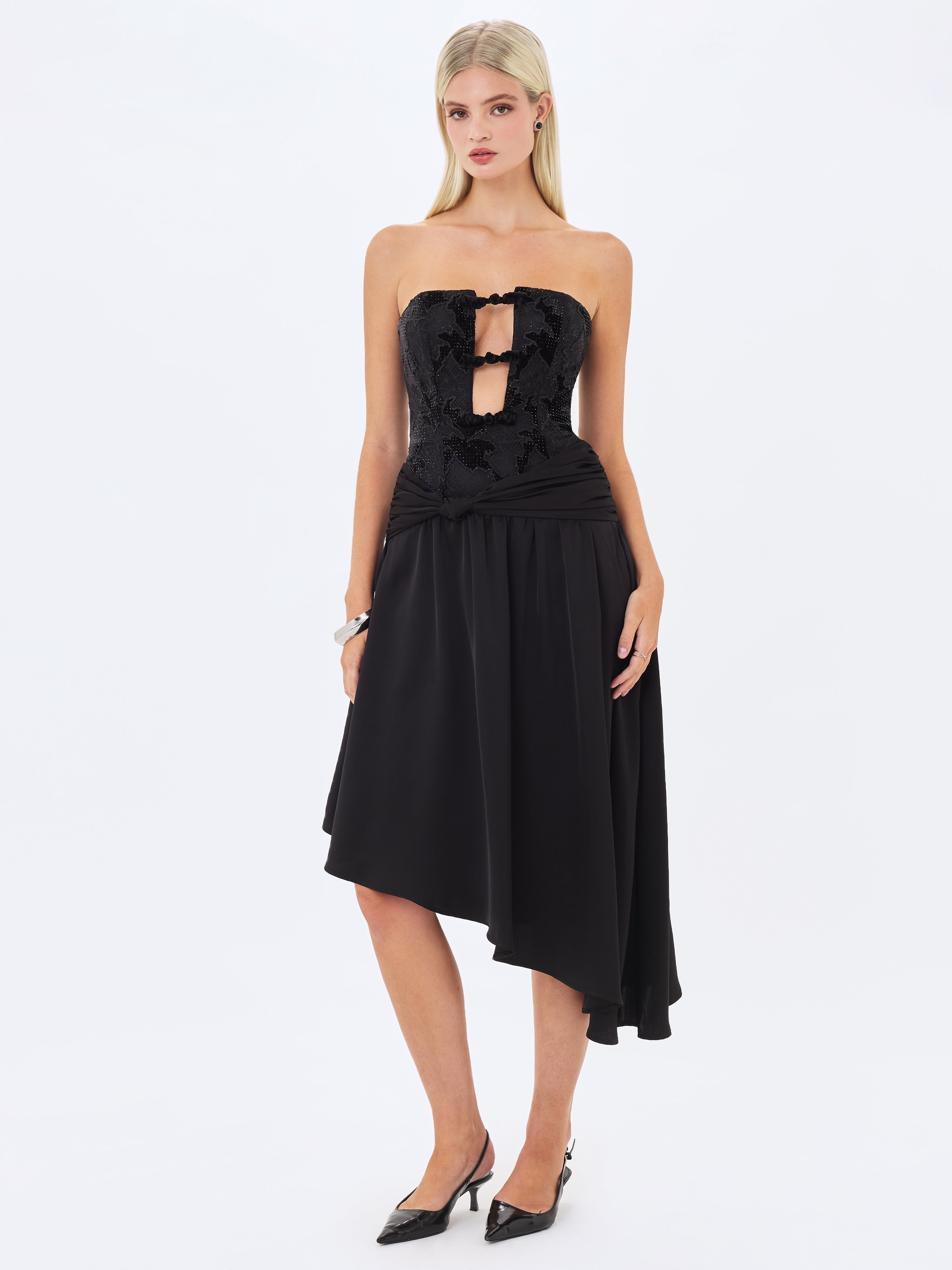 Yoseline Black Velvet Lace Cutout Asymmetrical Satin Midi Dress