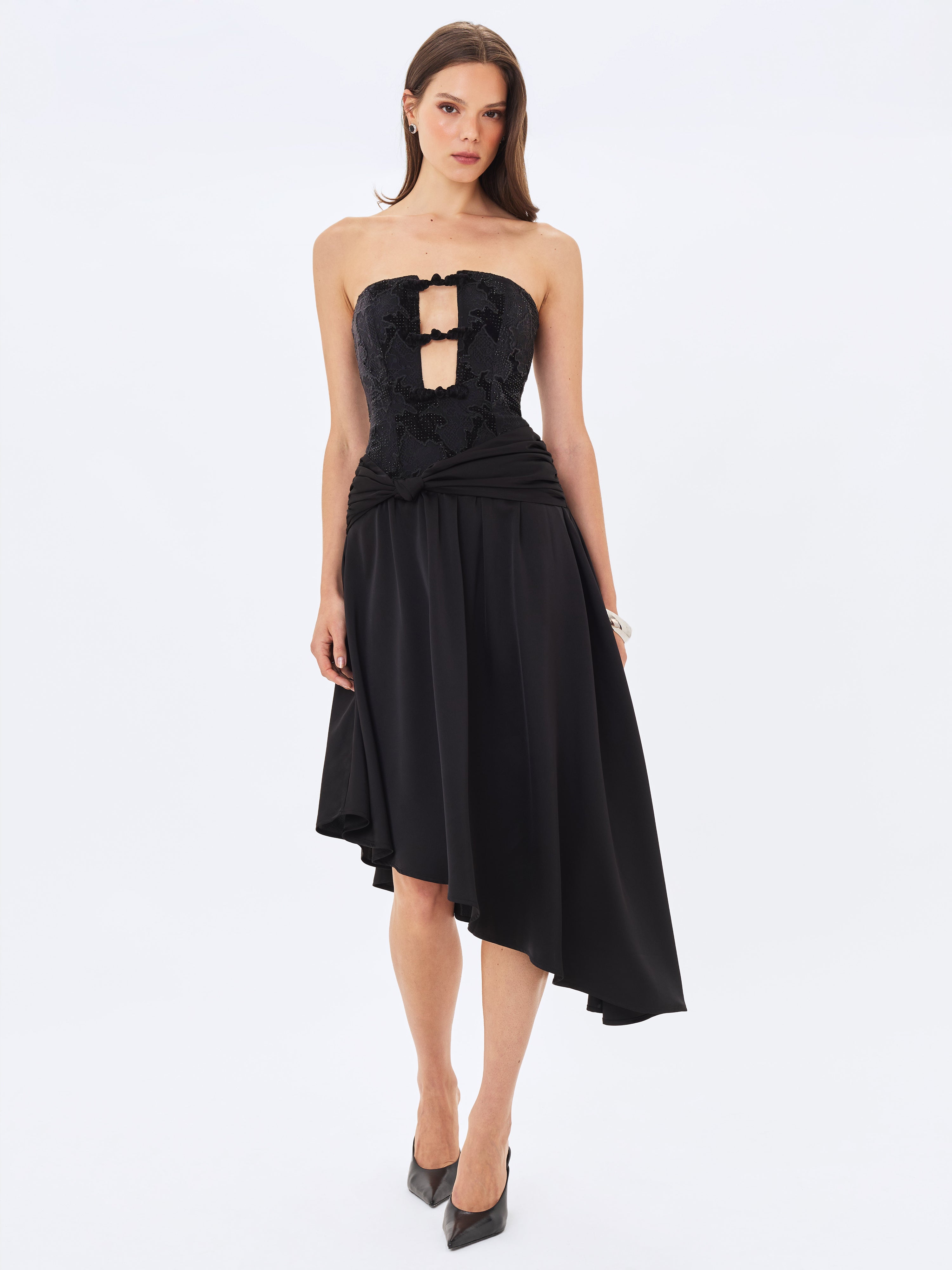 Yoseline Black Velvet Lace Cutout Asymmetrical Satin Midi Dress