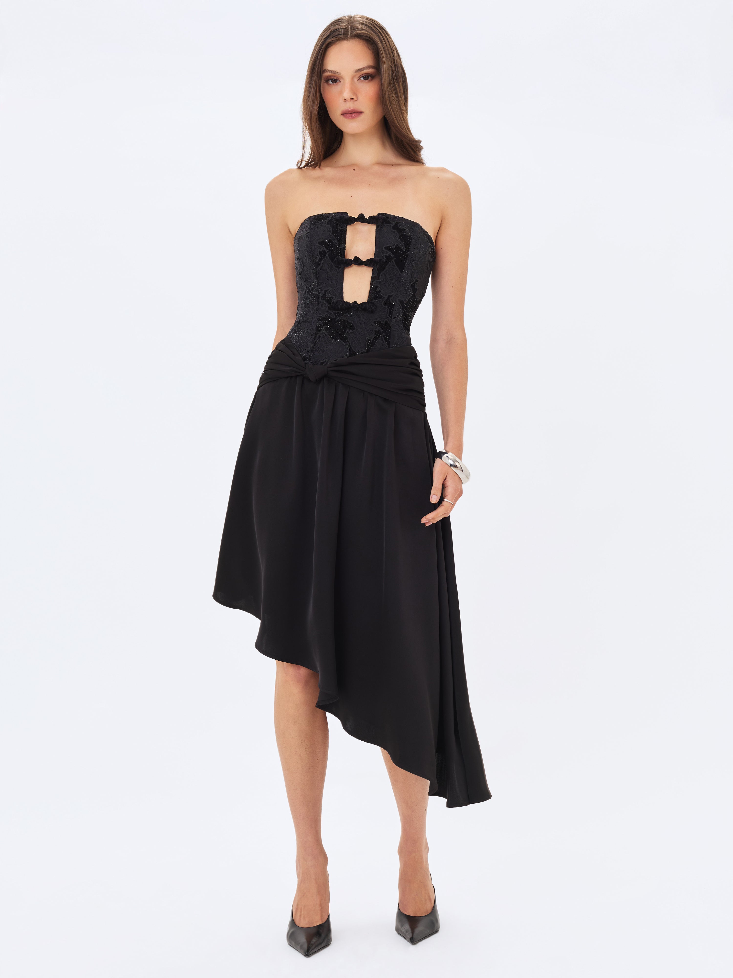 Yoseline Black Velvet Lace Cutout Asymmetrical Satin Midi Dress