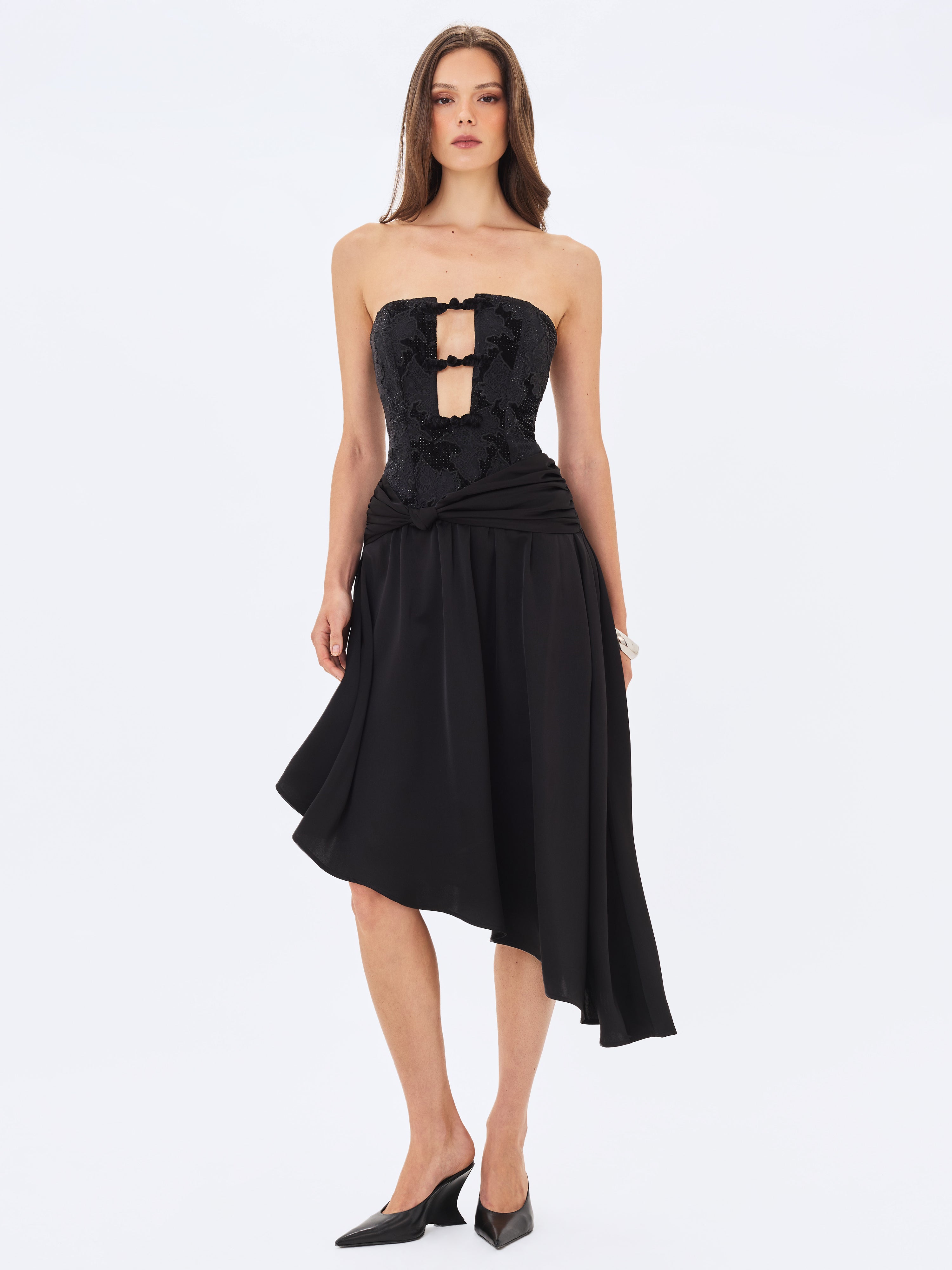 Yoseline Black Velvet Lace Cutout Asymmetrical Satin Midi Dress