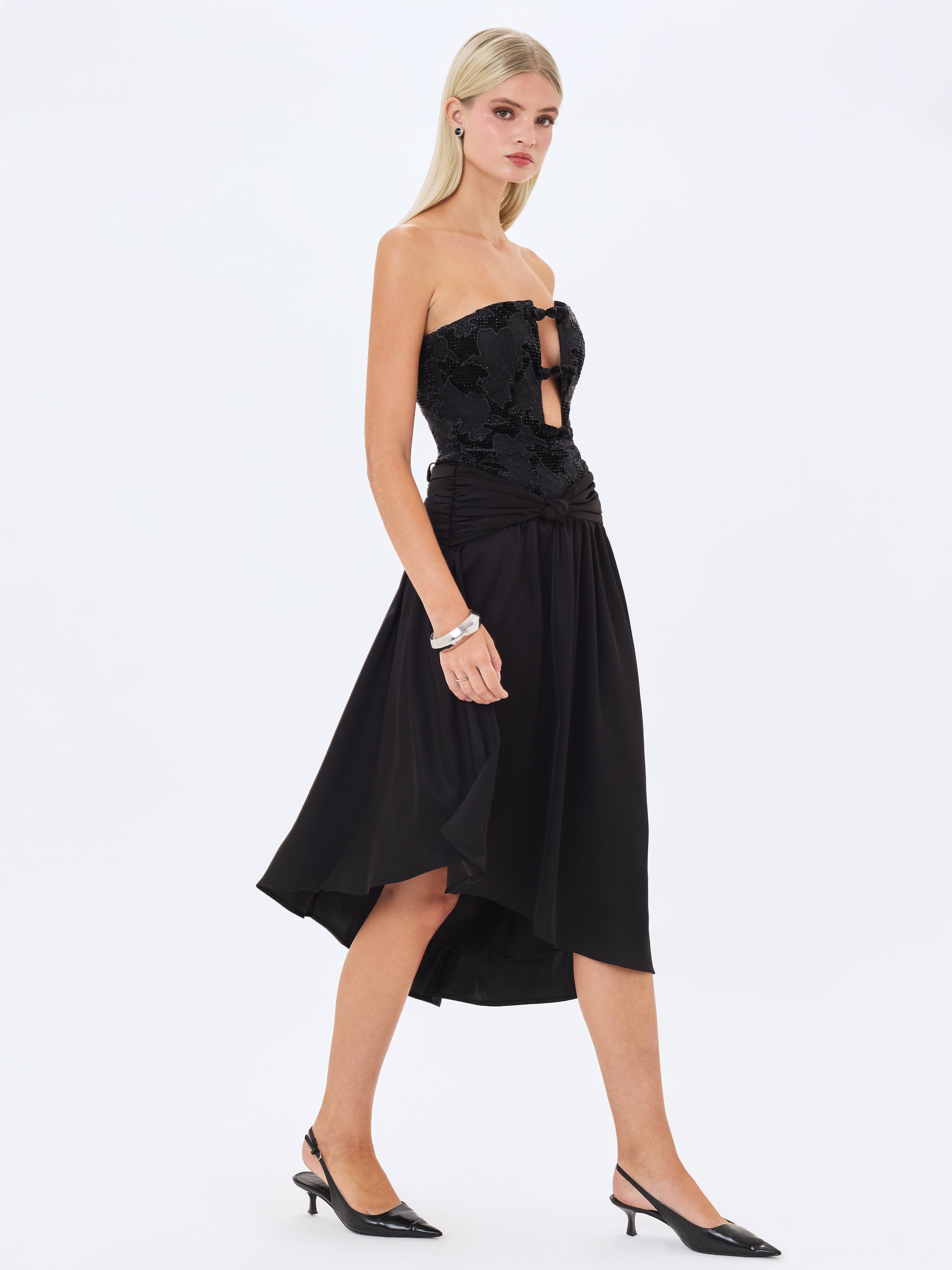 Yoseline Black Velvet Lace Cutout Asymmetrical Satin Midi Dress