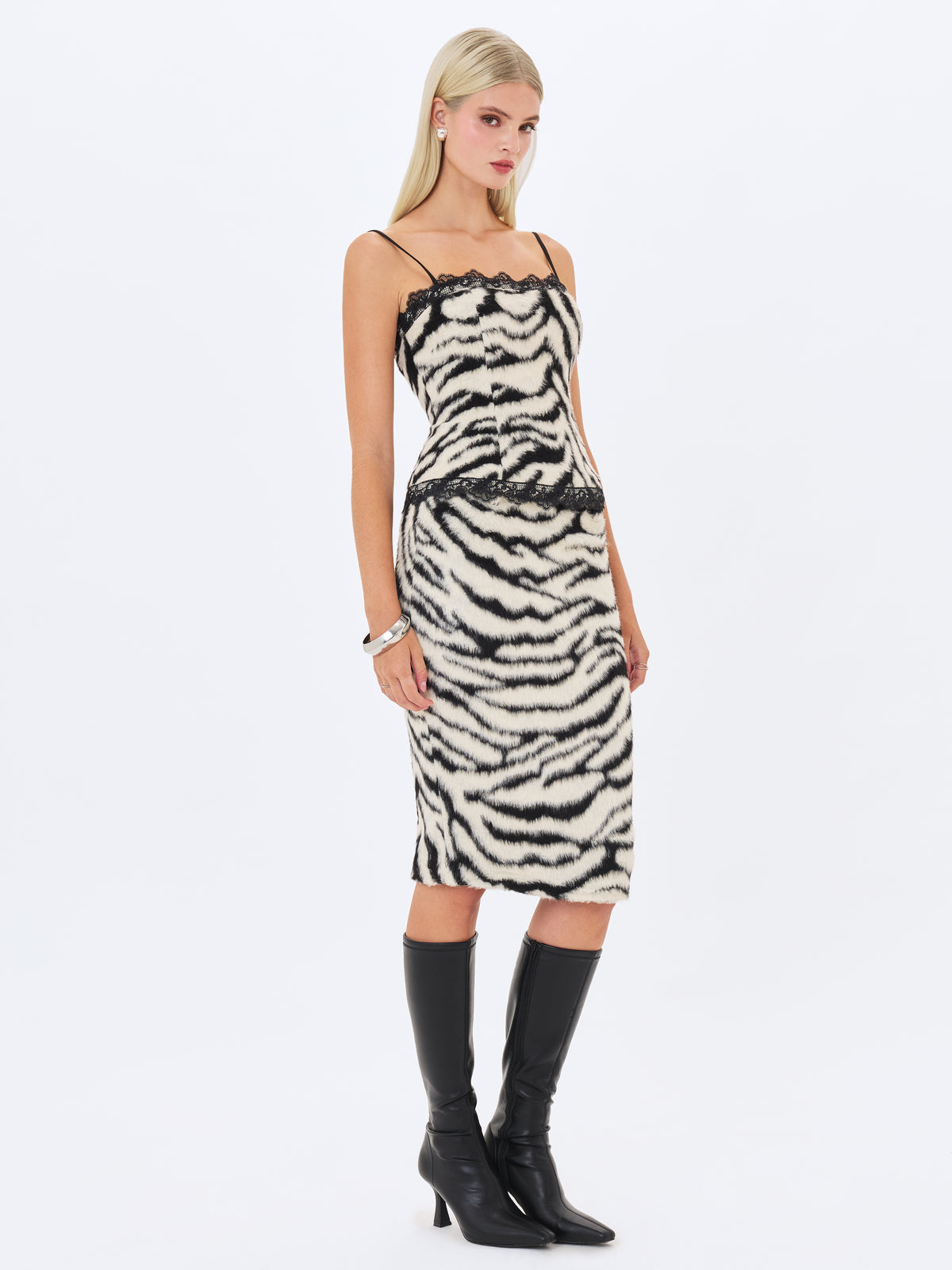 Xylena Black & White Zebra Fur Midi Pencil Skirt