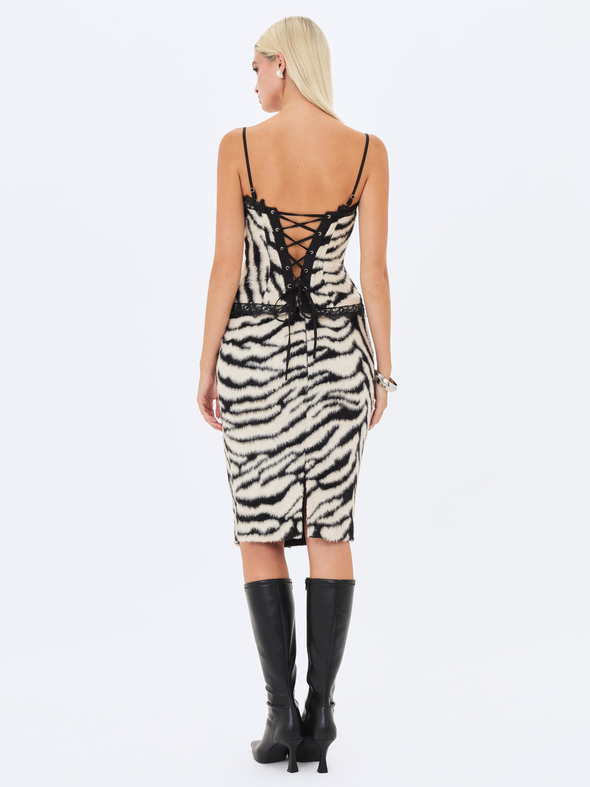Xylena Black & White Zebra Fur Midi Pencil Skirt