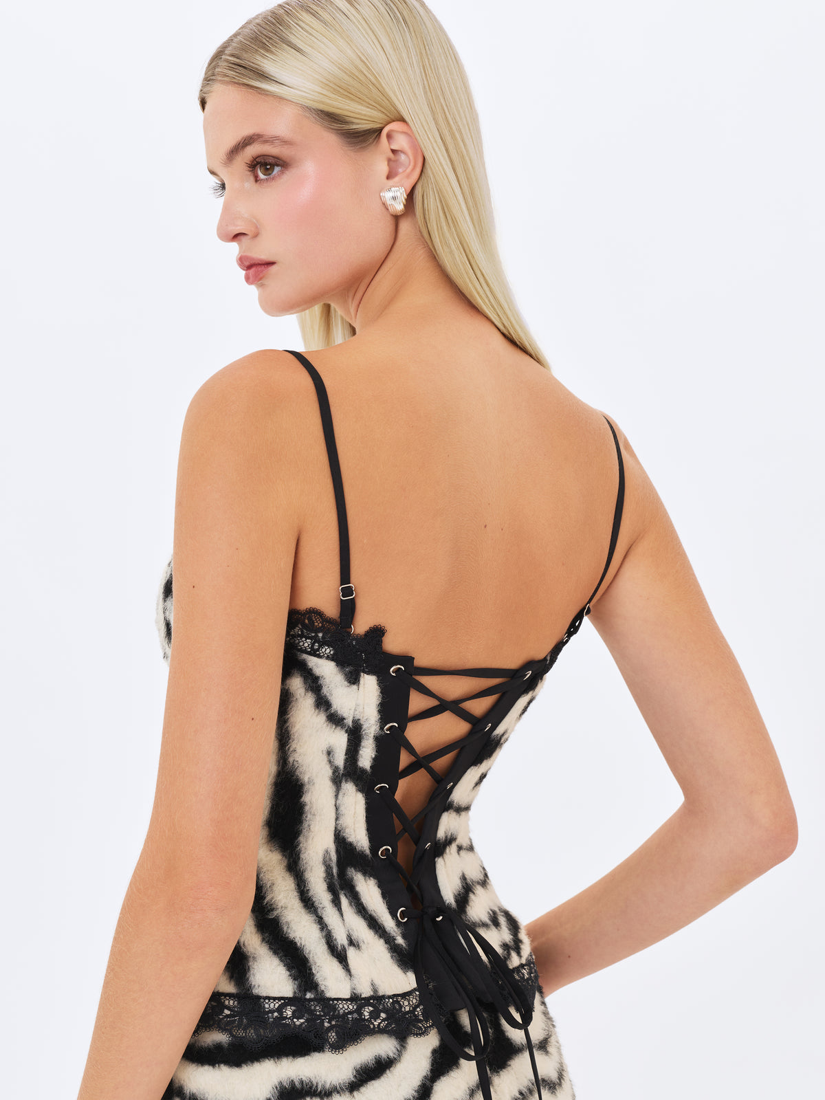 Xylah Black & White Zebra Fur Lace Up Top
