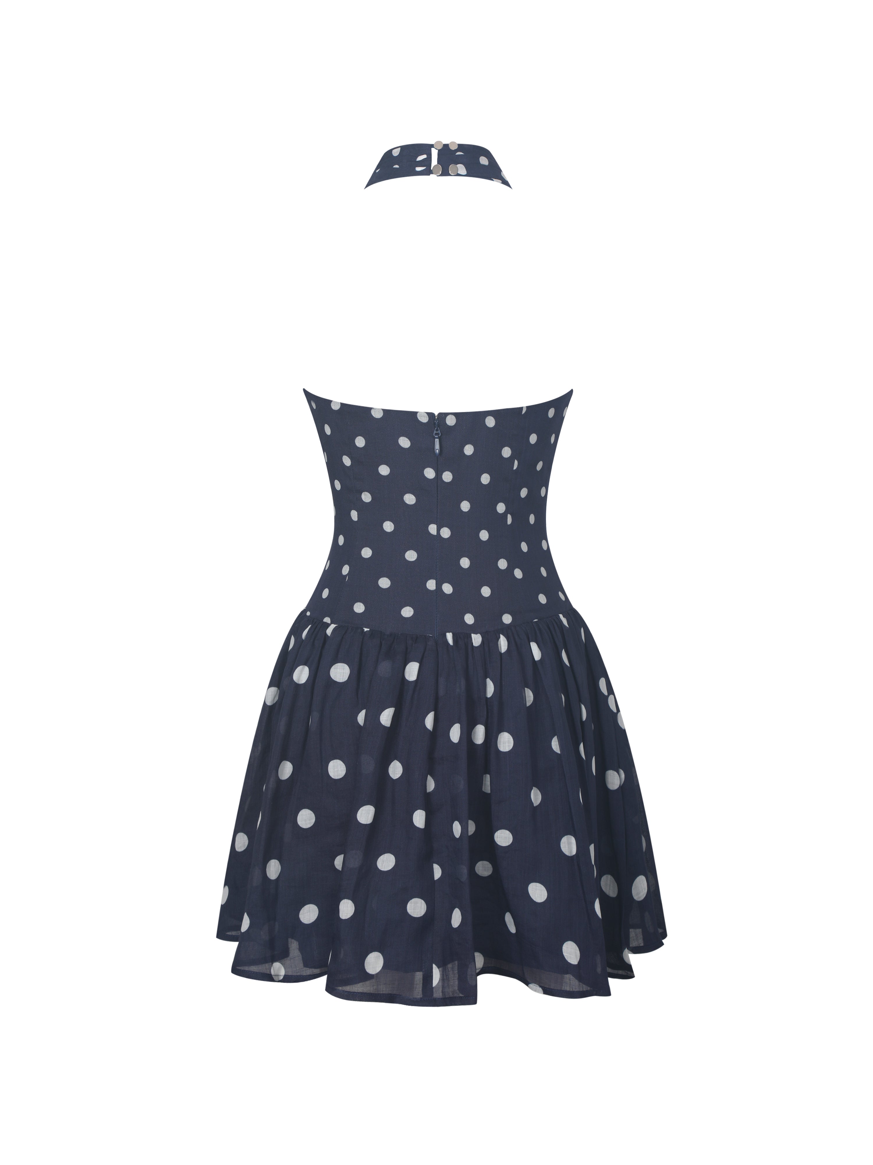 Yamina Navy Polka Dot Ramie Crossover Halter Gathered Mini Dress