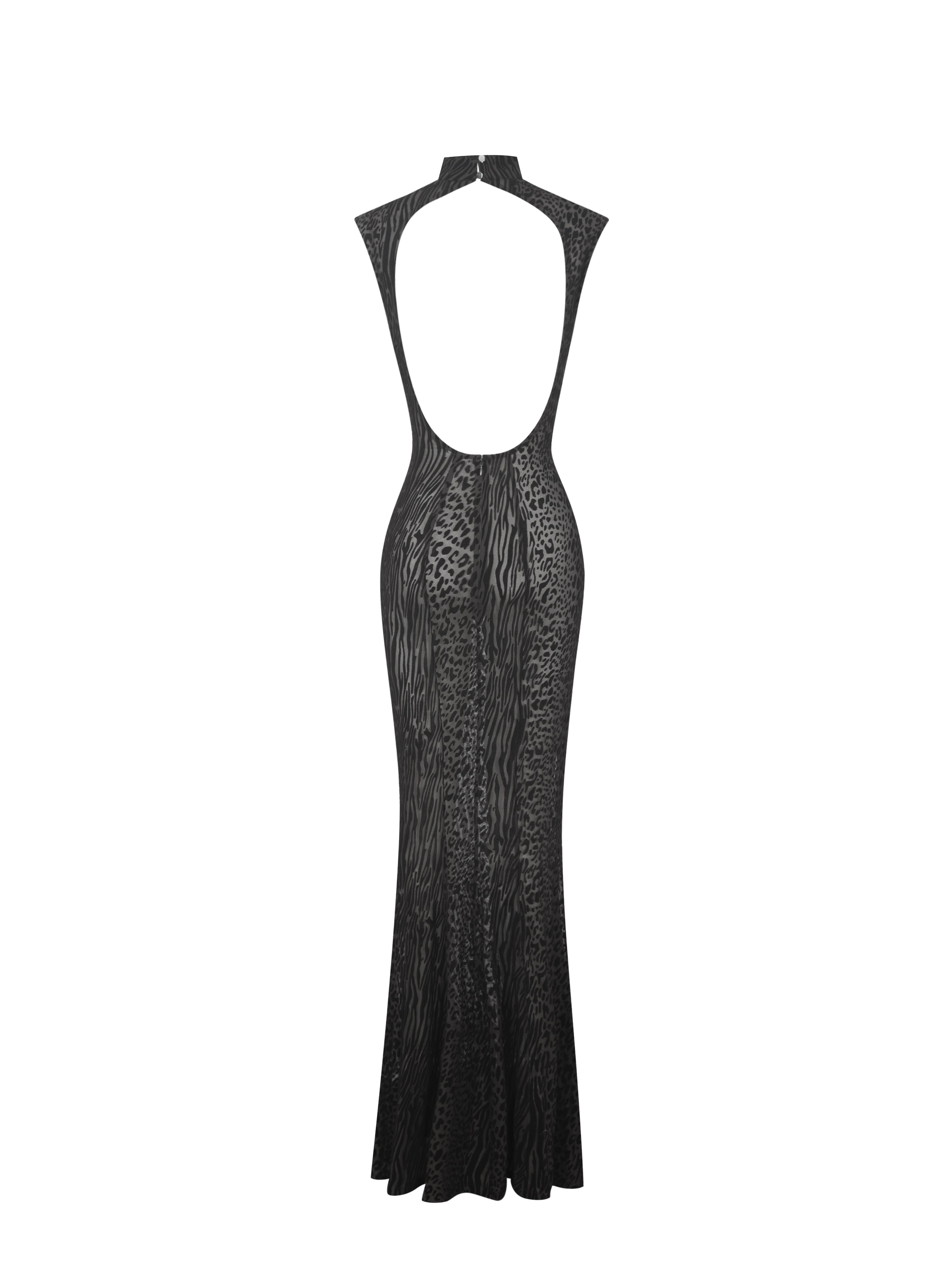Tyanna Black Burnout Velvet Mesh Backless Mermaid Maxi Dress