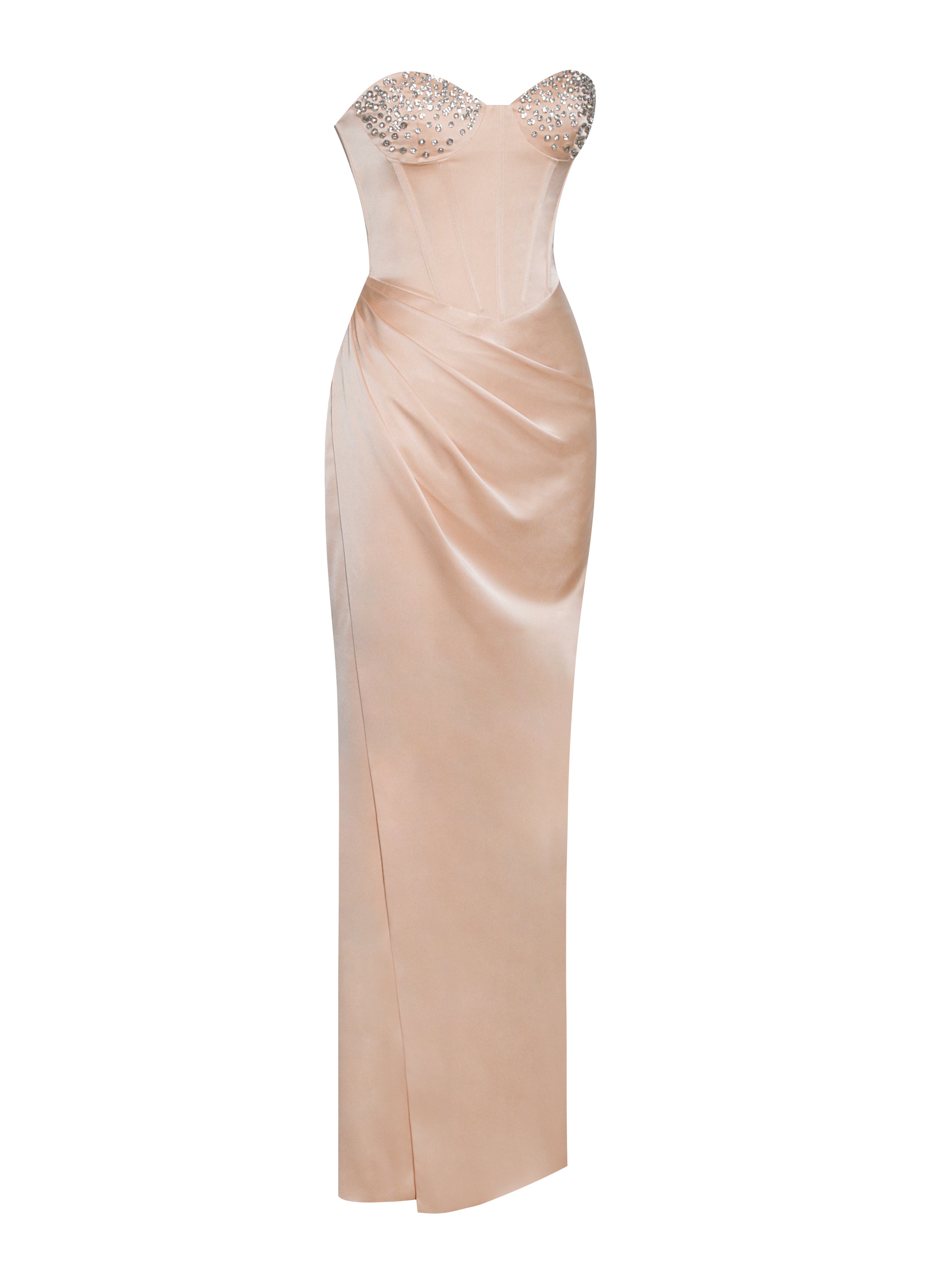 Amelia Blush Satin Corset Slit Gown With Crystal Embellished