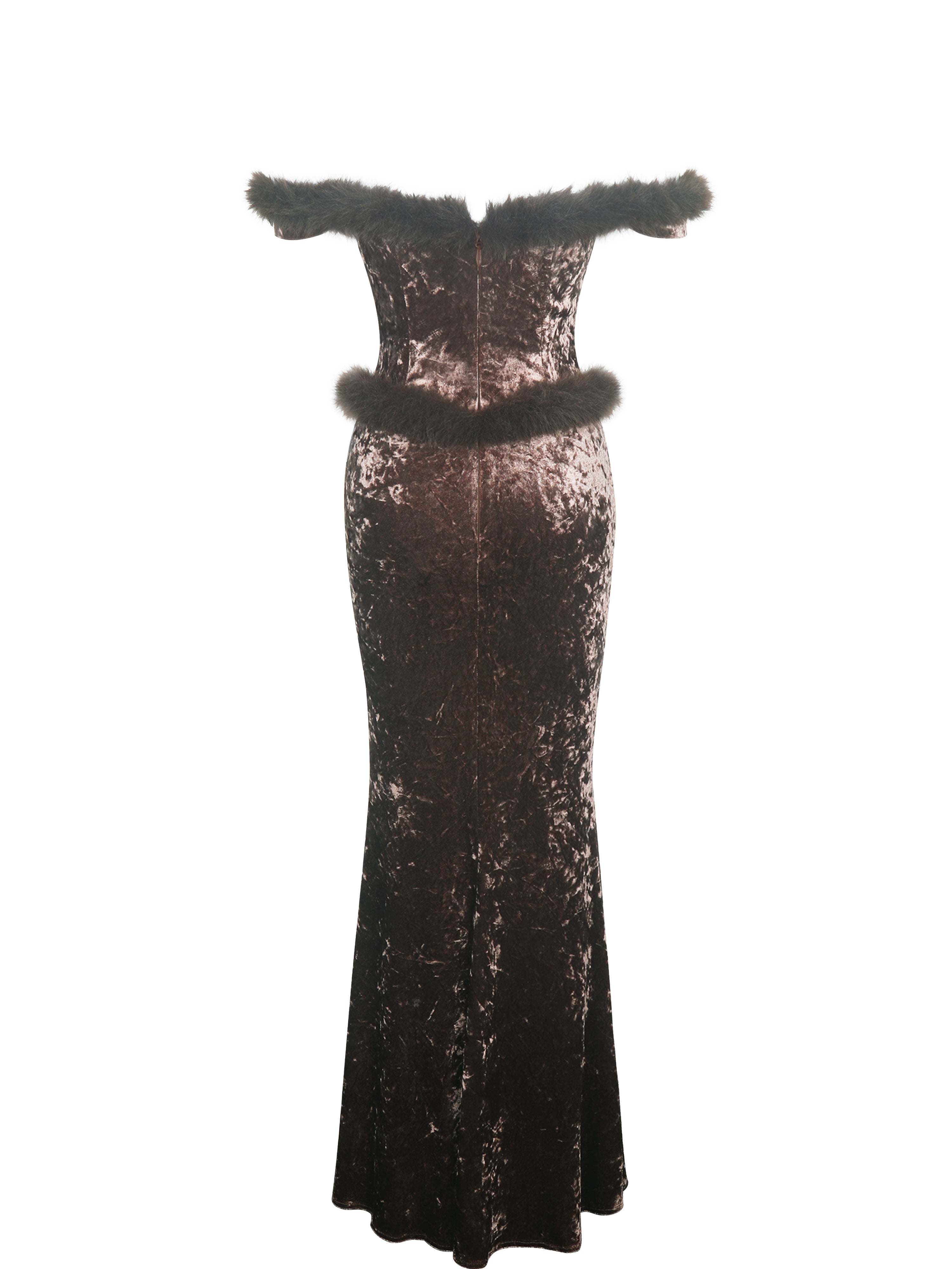 Tessa Coffee Sweetheart Bardot Faux Fur Velvet Mermaid Maxi Dress