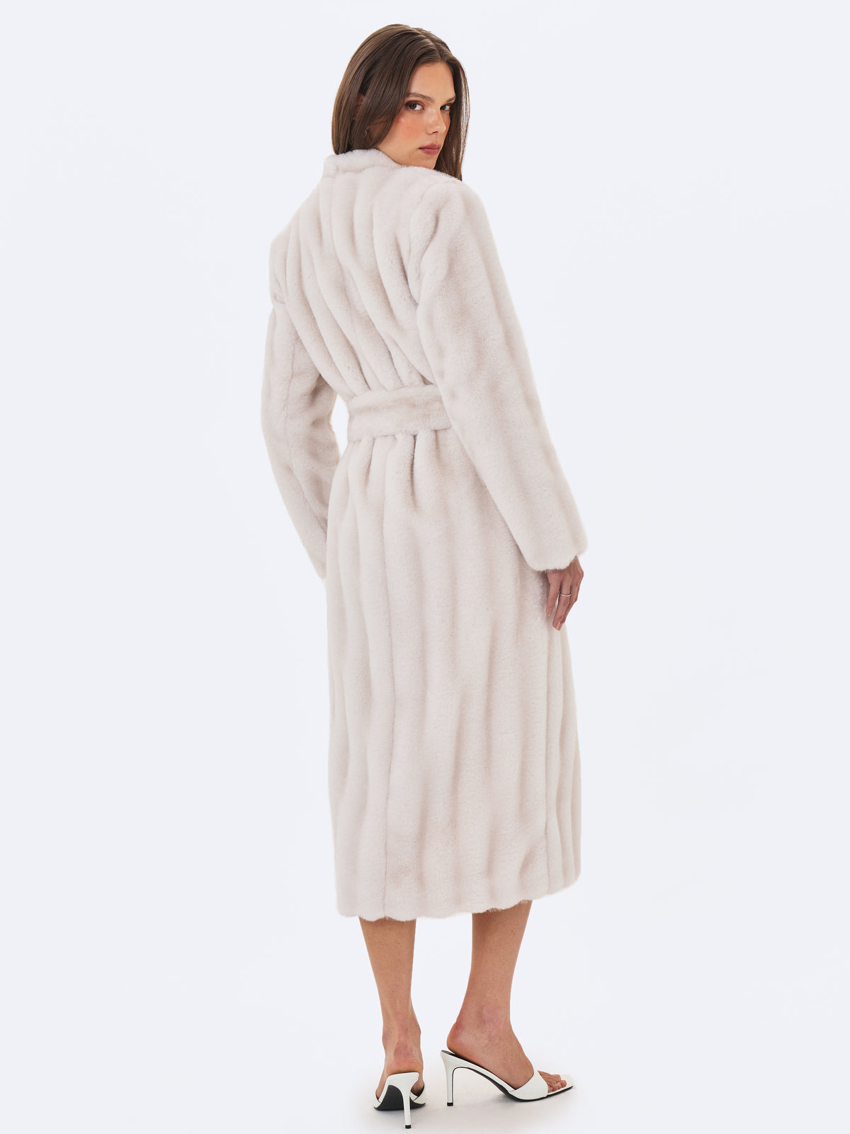 Celine Soft White Faux Mink Belted Longline Coat