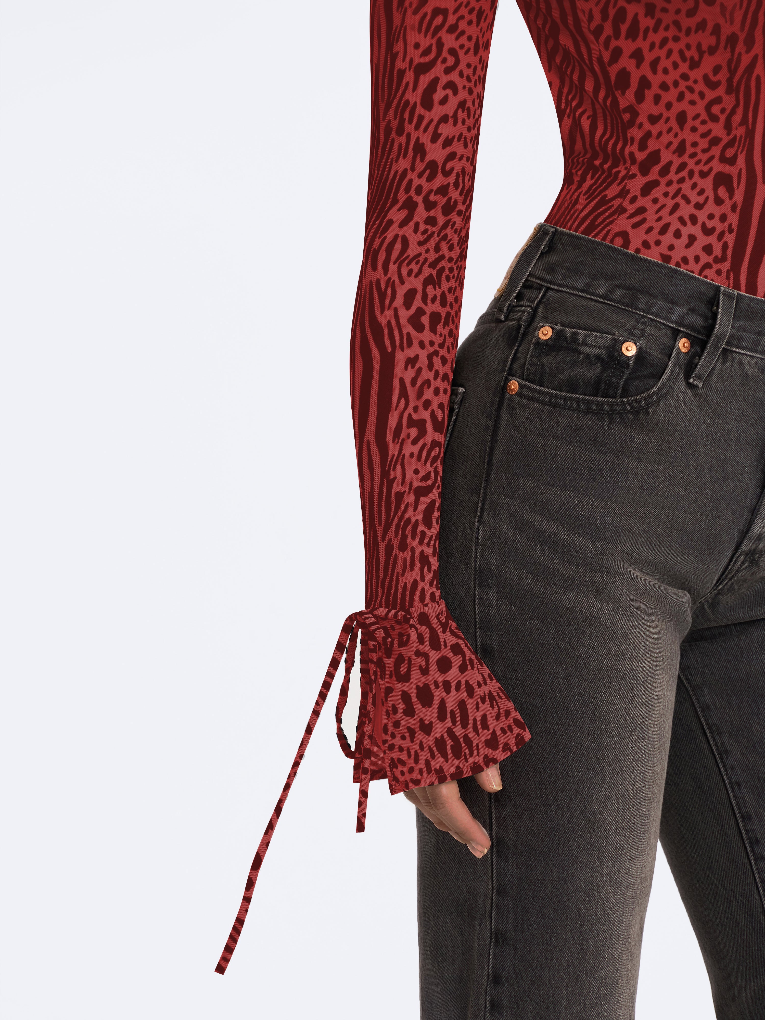 Ibera Burgundy Animal Print Burnout Velvet Long Sleeve Bodysuit