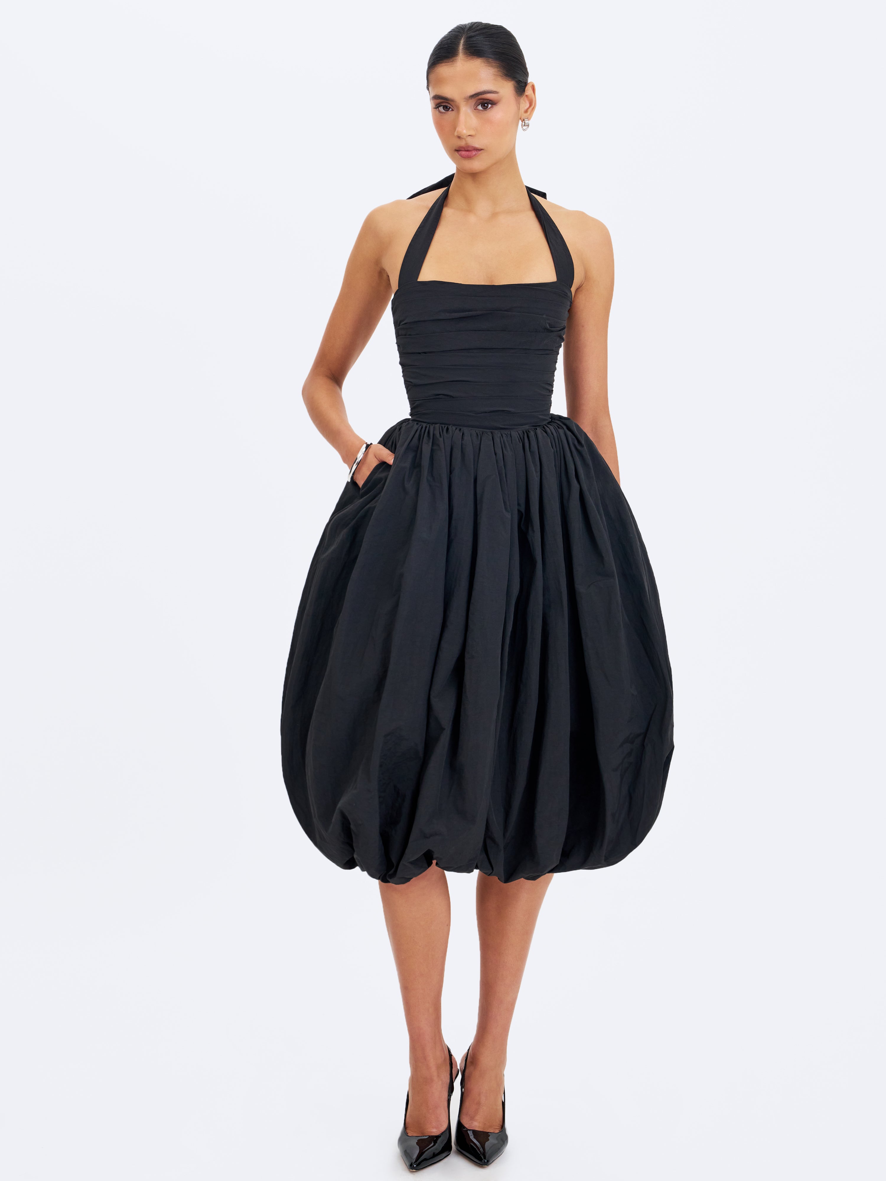 Veradis Black Taffeta Halter Bubble-Hem Midi Dress