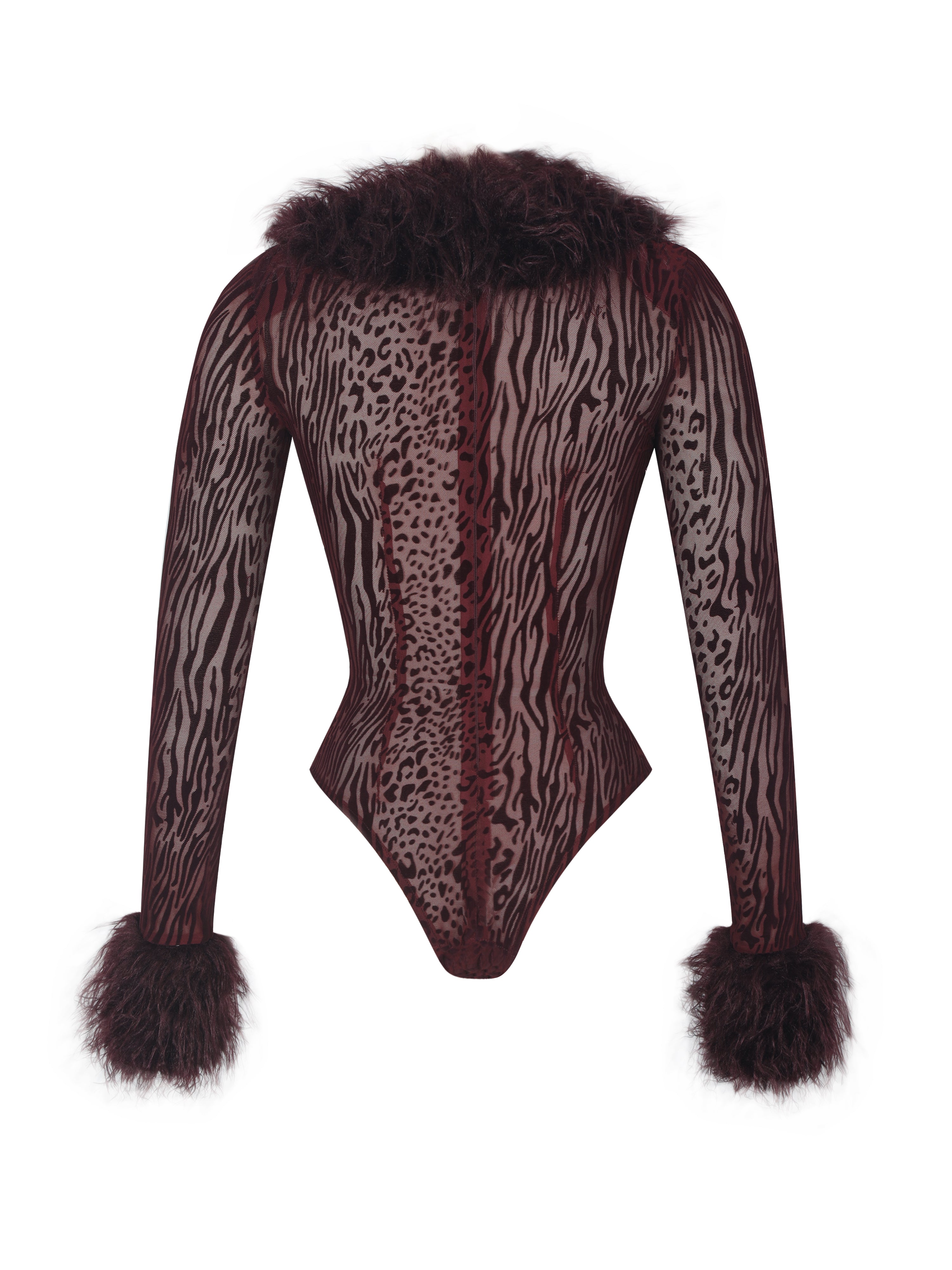 Valene Burgundy Burnout Velvet Fur-Trim Bodysuit