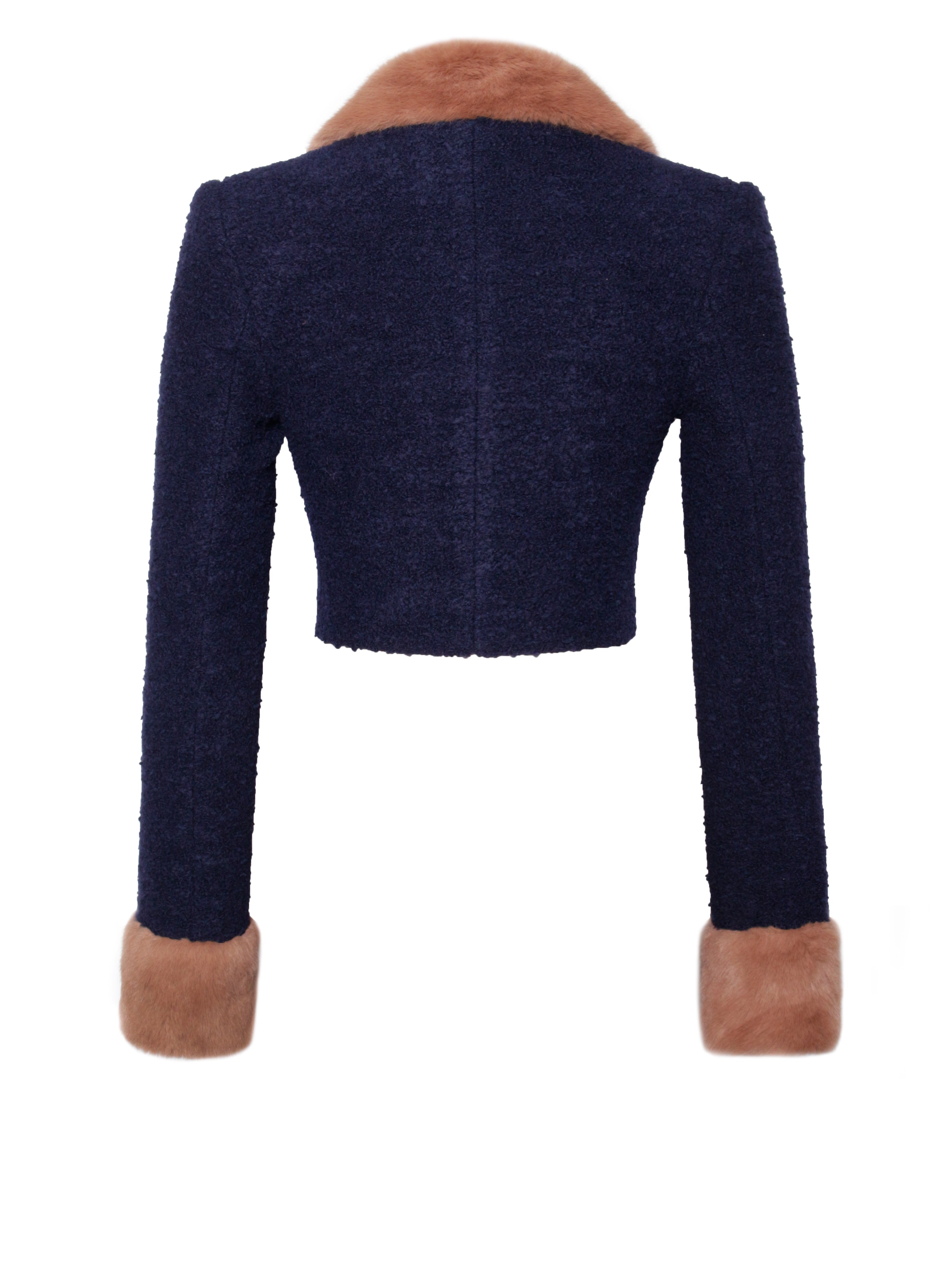 Wava Navy Blue Double Breast Fur Trim Cropped Boucle Wool Jacket