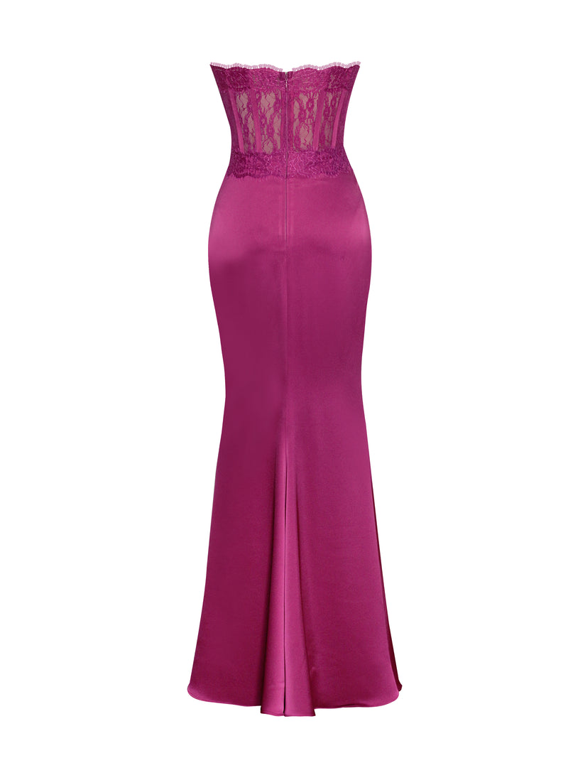 Everleigh Fuchsia Lace Satin Corset Maxi Dress