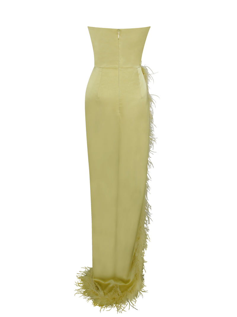 Perrin Olive Feather High Slit Gown