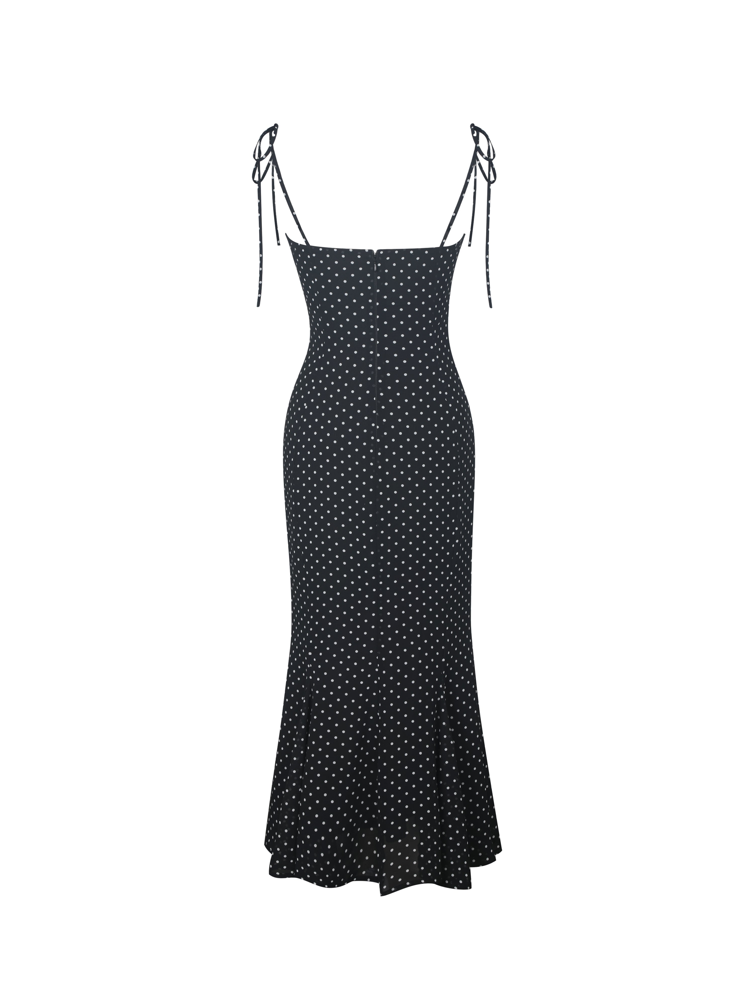Zehra Black Polka Dot Chiffon Lace Cutout Mermaid Midi Dress