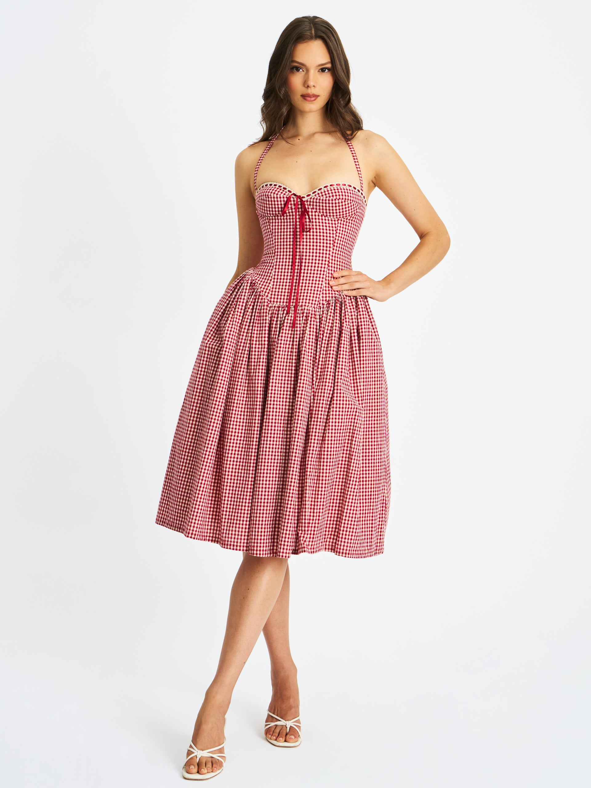 Miss Circle Women Susanna Red Gingham Halter Drop Waist Midi Dress