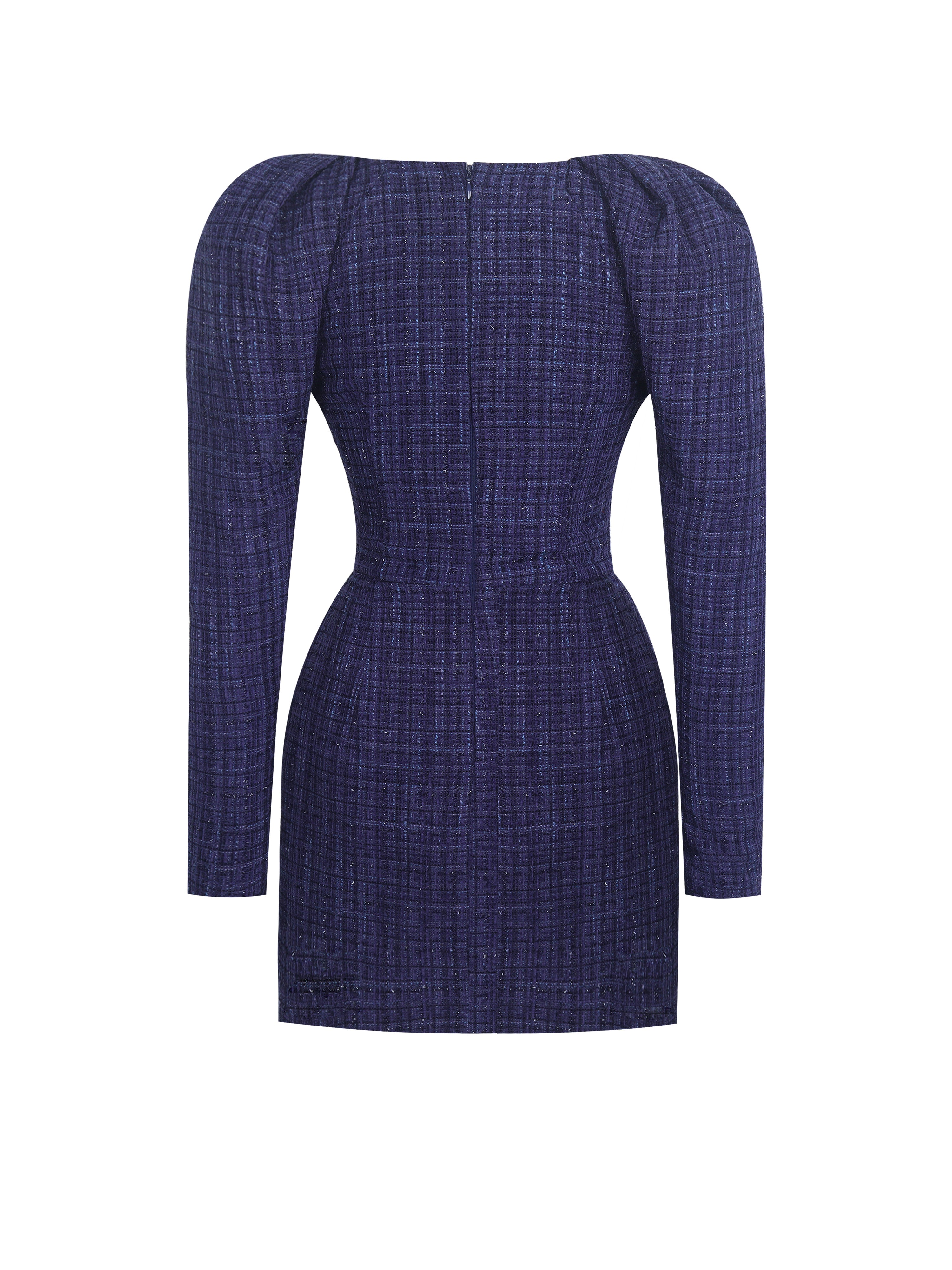Denise Navy Tweed Ruched Puff Sleeve Mini Dress
