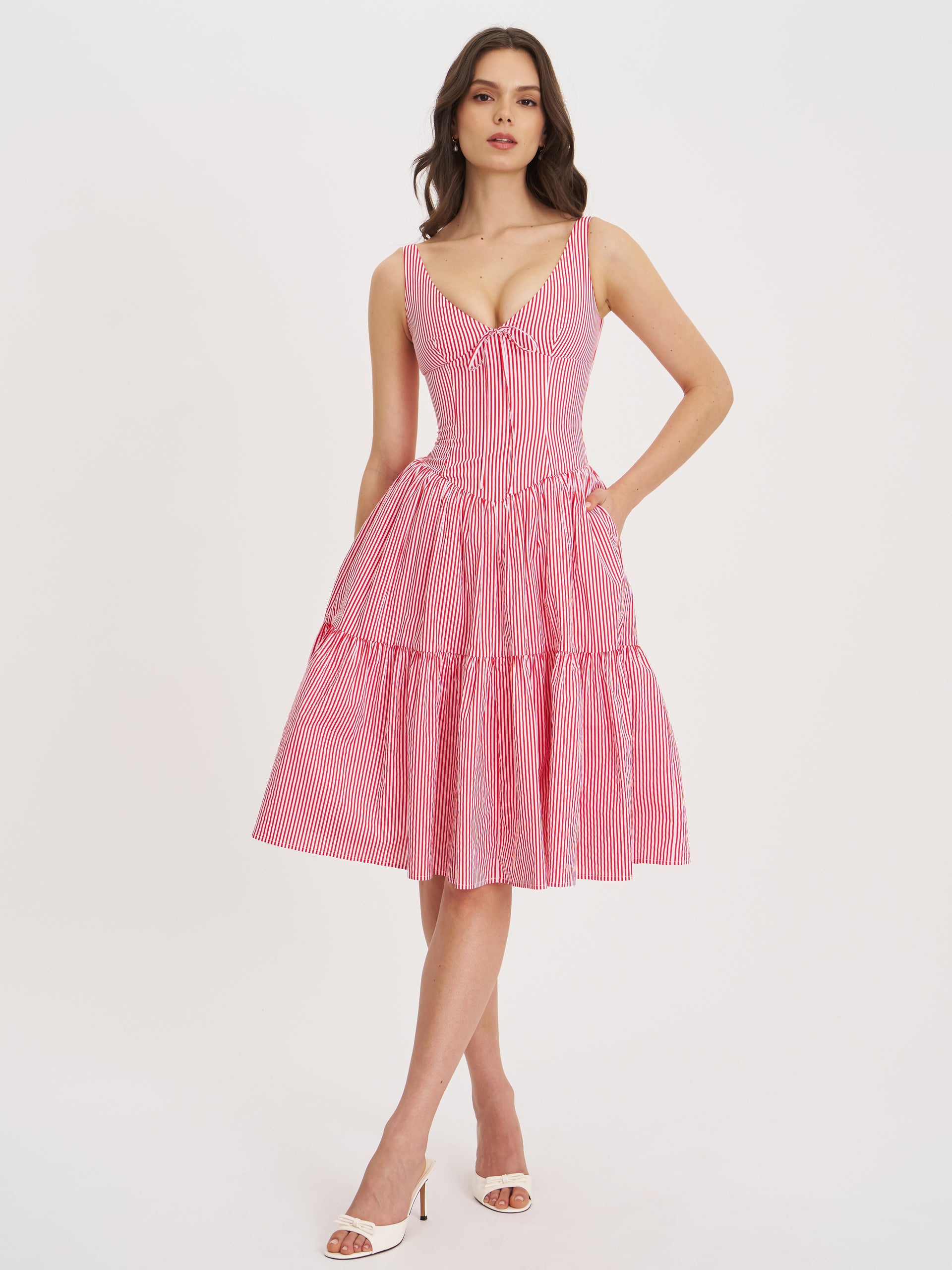 pink and white striped dress Miss Circle Women Oceana Red Candy Stripe Drop Waist Midi Dress