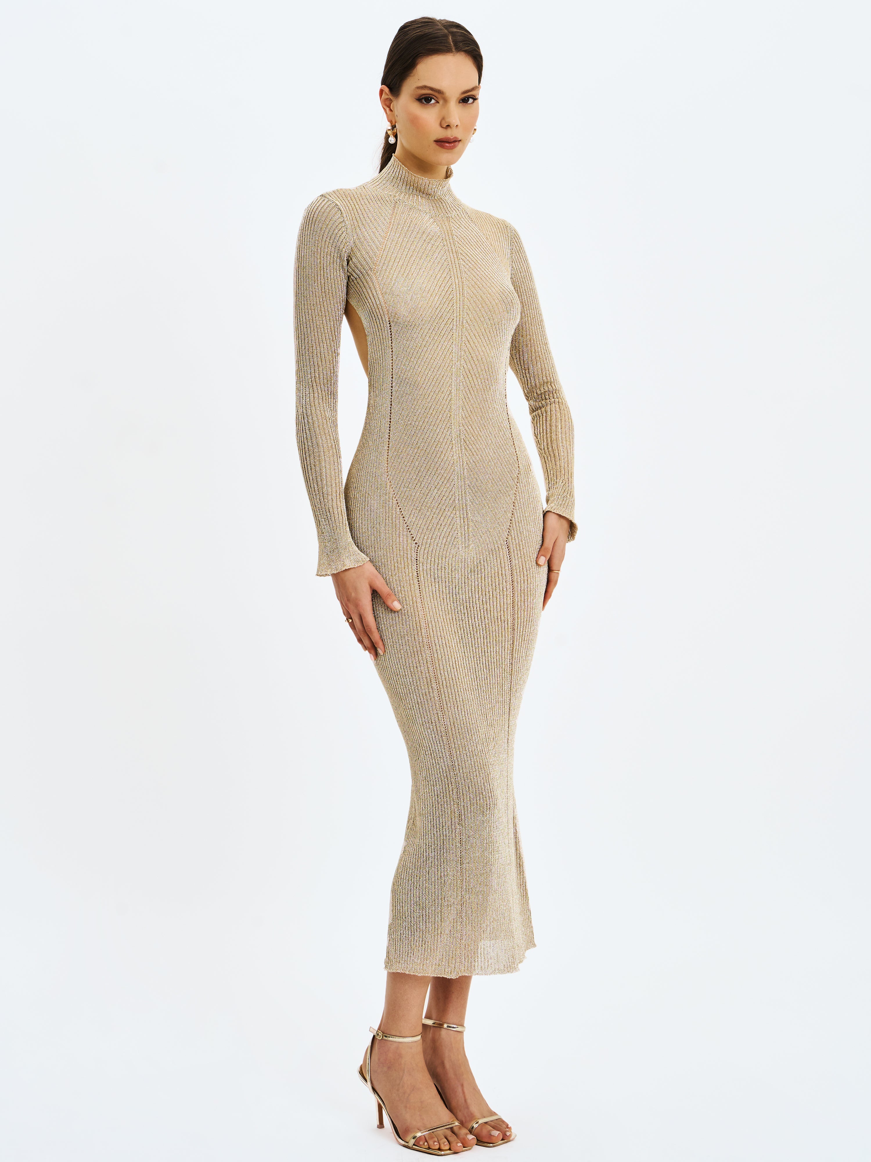 Shay Gold Stretch Knit Backless Long Sleeve Maxi Dress