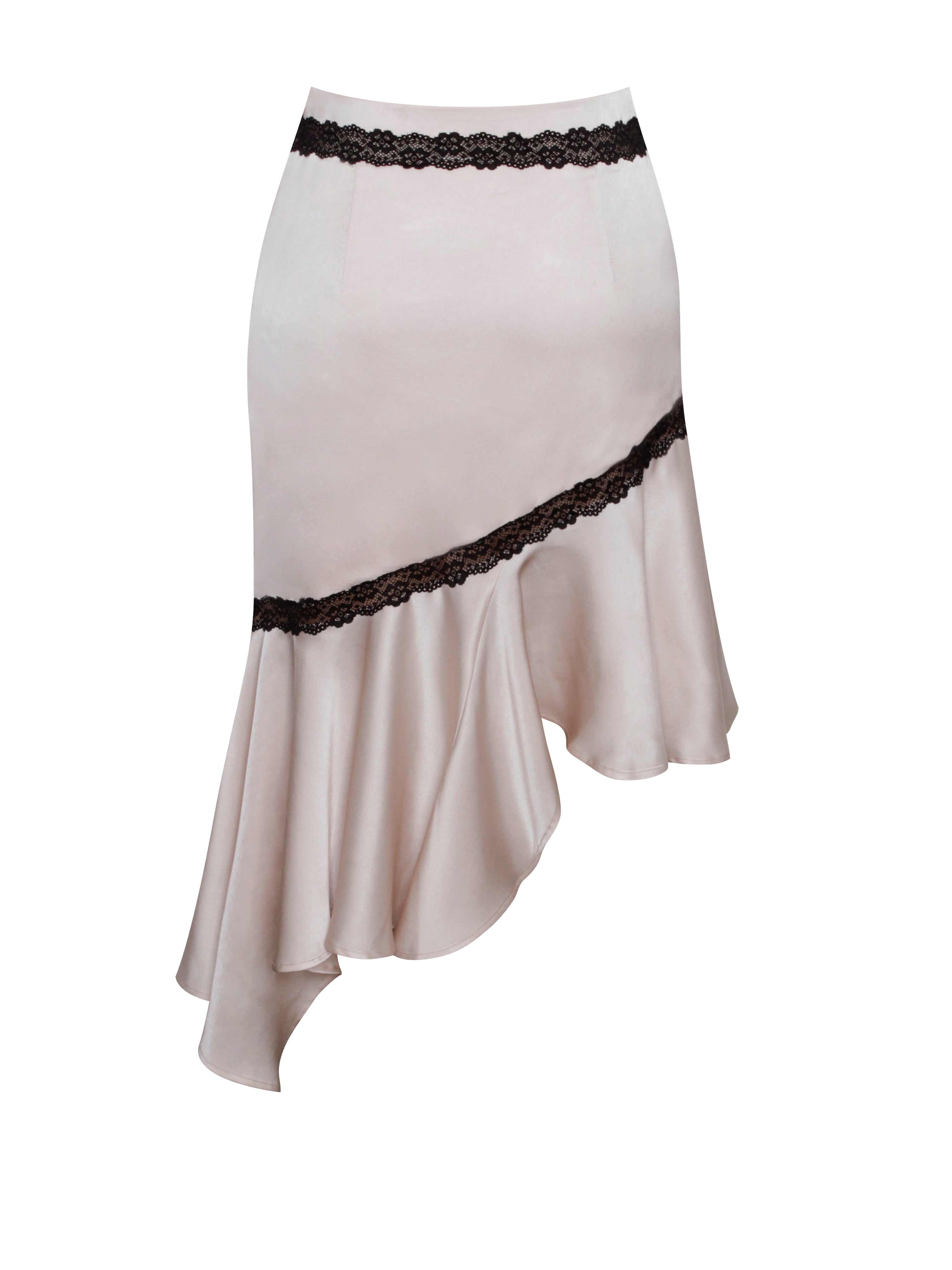 Yahvi Beige Lace Trim Satin Skirt