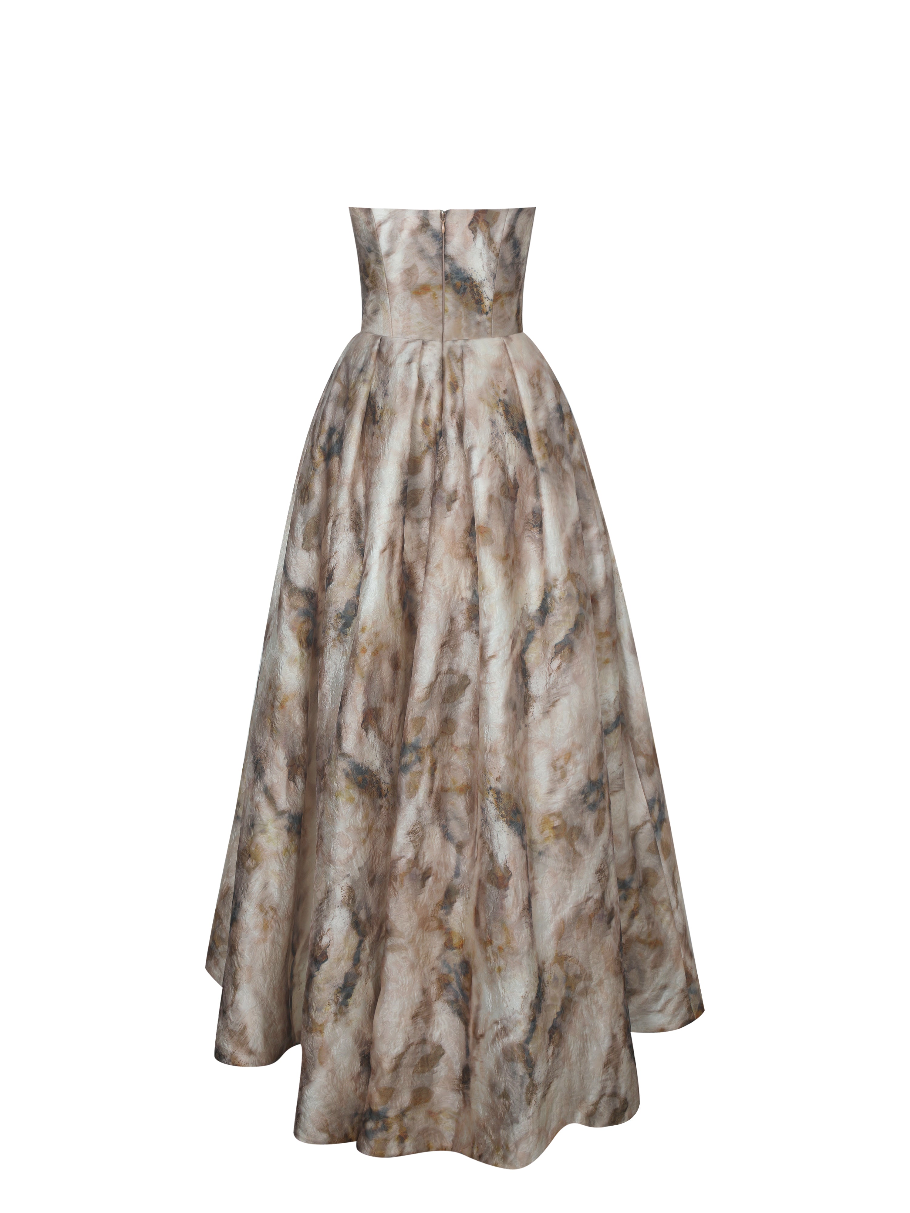 Micaela Camel Watercolor Jacquard Chiffon Dipped Hem Gown