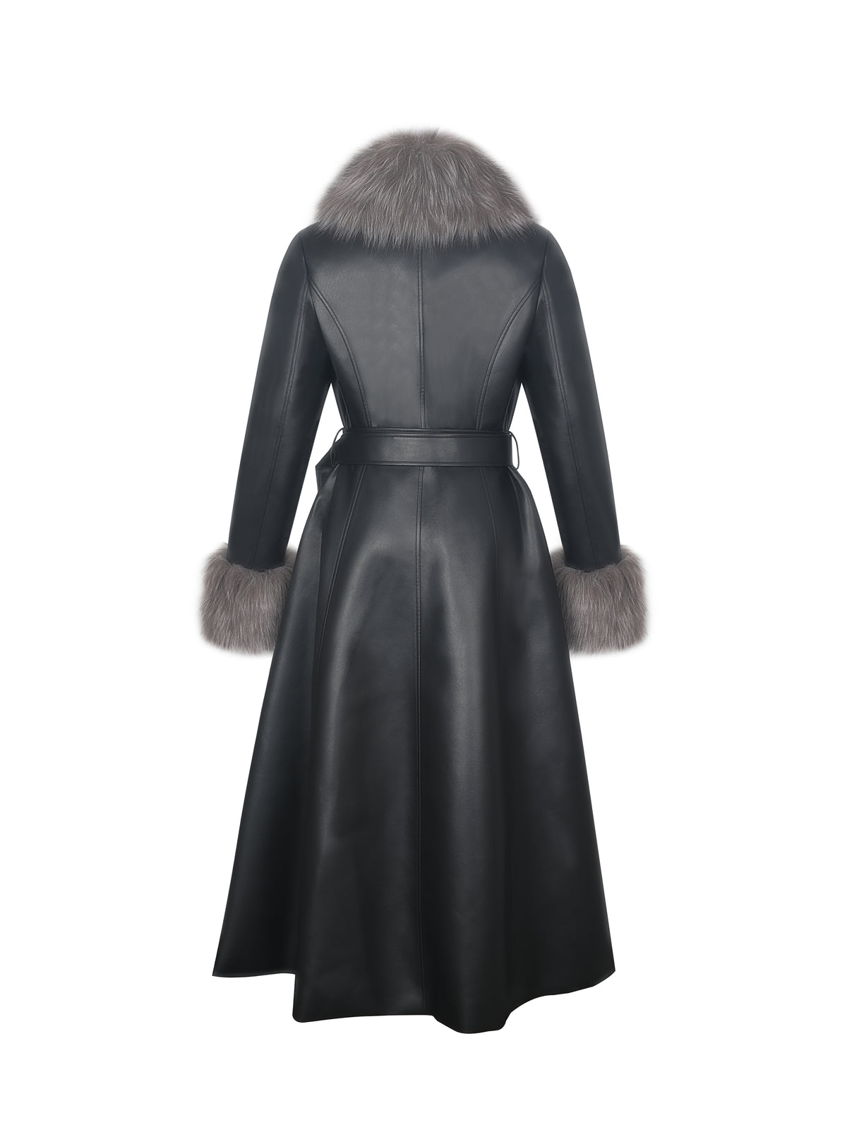 Nico Black Faux Leather Fur-Trimmed Belted A-Line Midi Coat