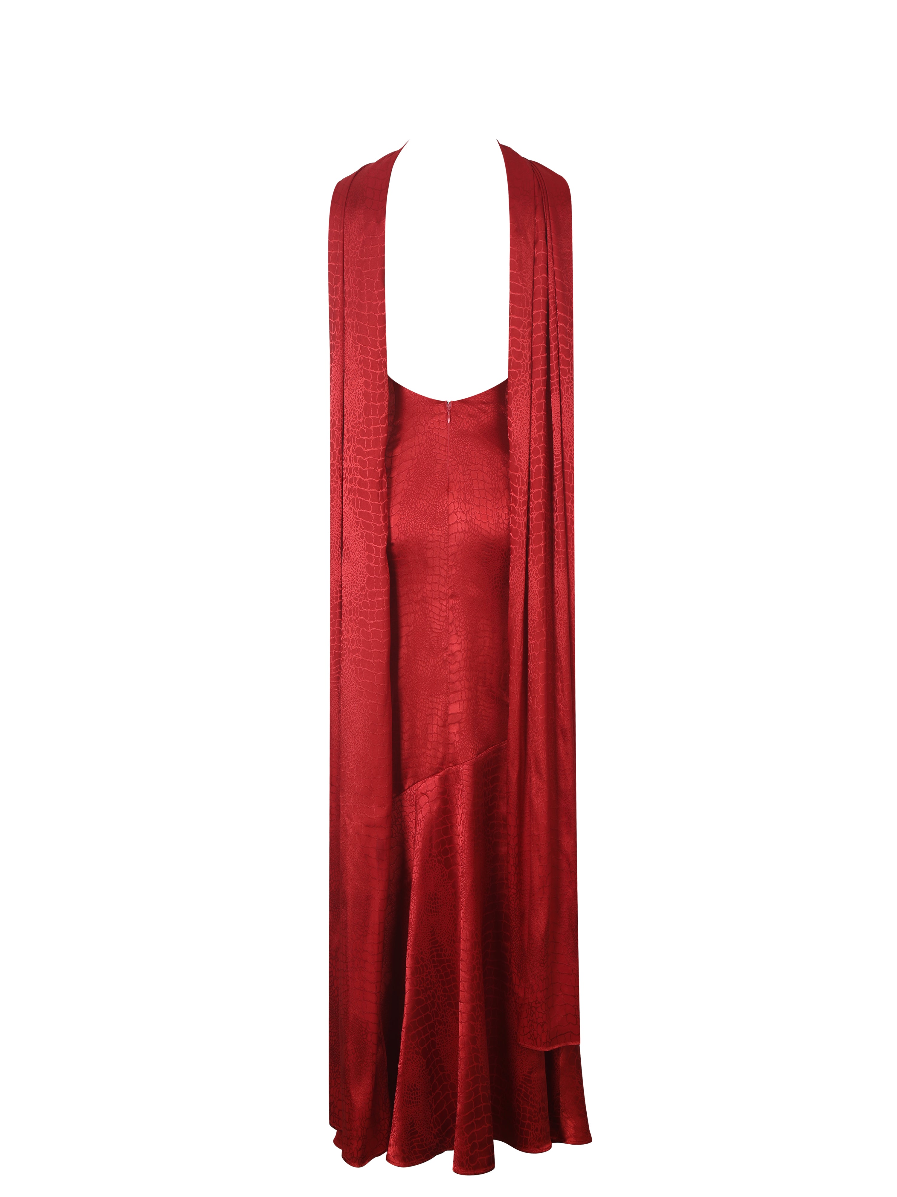 Kelsey Scarlet Croc-Embossed Flared Hem Maxi Dress with Scarf