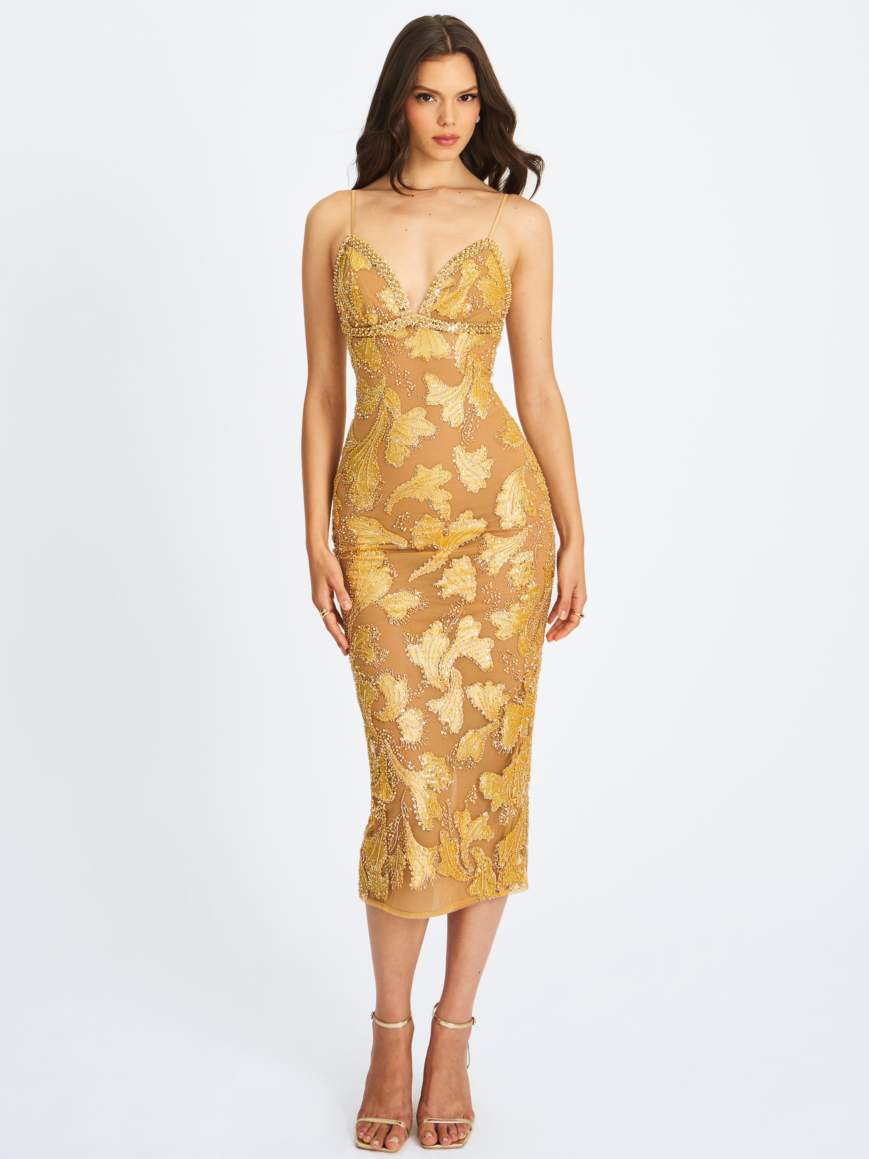 Edie Gold Beaded Sequin Midi Pencil Dress Edie Gold Beaded Sequin Midi Pencil Dress