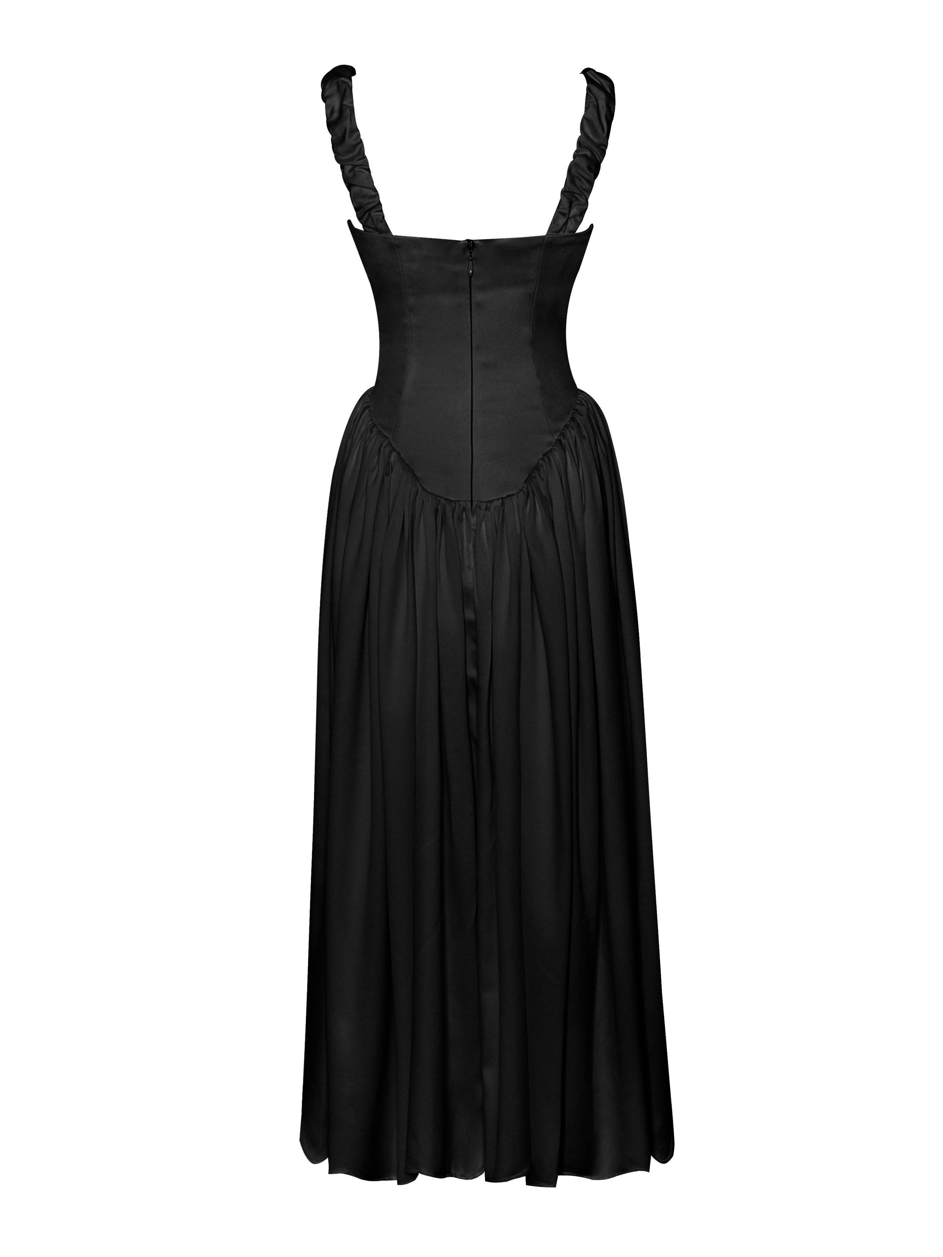 Noreen Black Satin Drop Waist Maxi Sundress